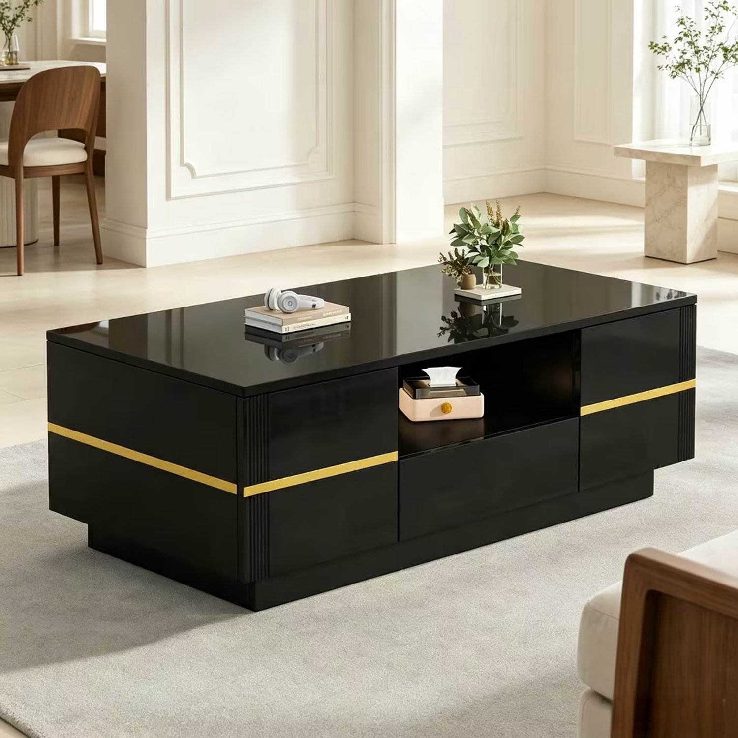 DantefHandels Salontafel, moderner salontafel met LED‑Beleuchtung, bijzettafel, salontafel, woonkamertafel,tot 30 kg Belastbarkeit, zwart+ goldenen Akzenten, 100×50×35.5cm
