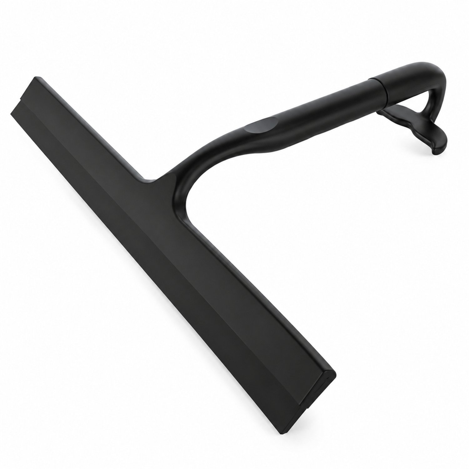 Zwarte siliconen raam- en douchewisser met wisblad van 25 cm, licht gebogen handgreep en vissenstaartaccessoire