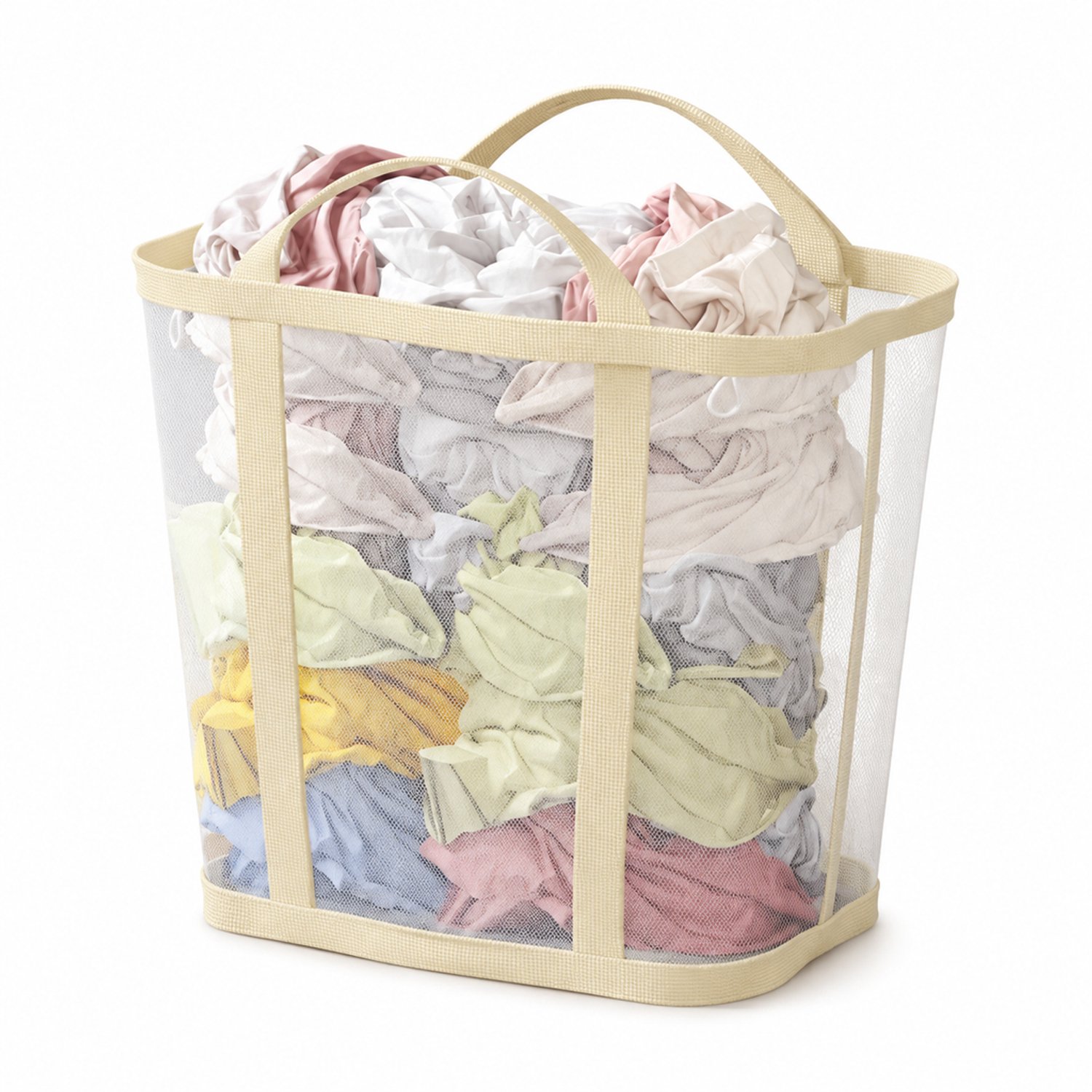 Opvouwbare wasmand beige, groot, 35 x 22 x 37 cm, met twee draaghengsels en gaaswanden