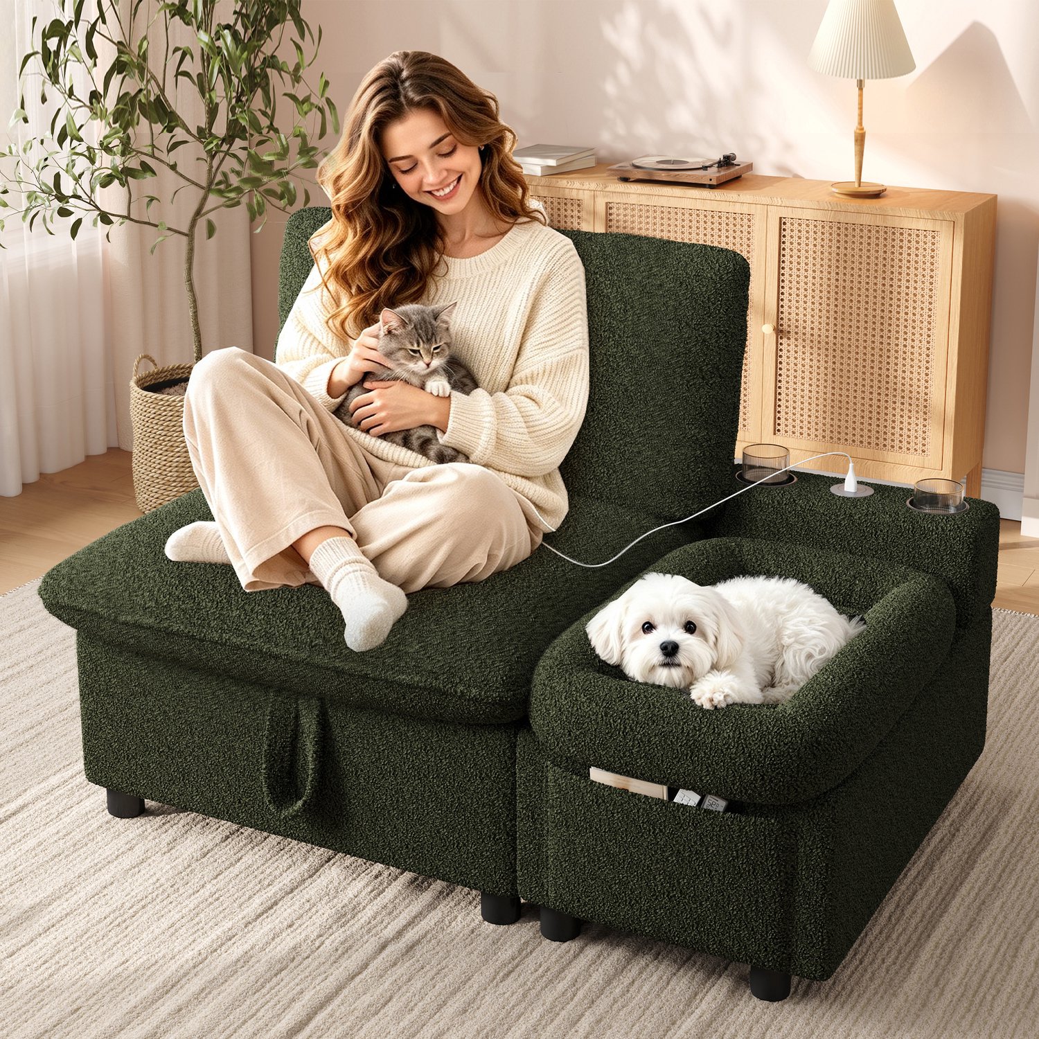 OOIILLEE 1-Zits Bank, Modern sofa voor mens en dier, 1-zits met grote verborgen opbergruimte, middenconsole met huisdierenbed, opbergvak, USB/Type-C, 2 bekerhouders, woon-/slaapkamer, bouclé-stof, Green groen