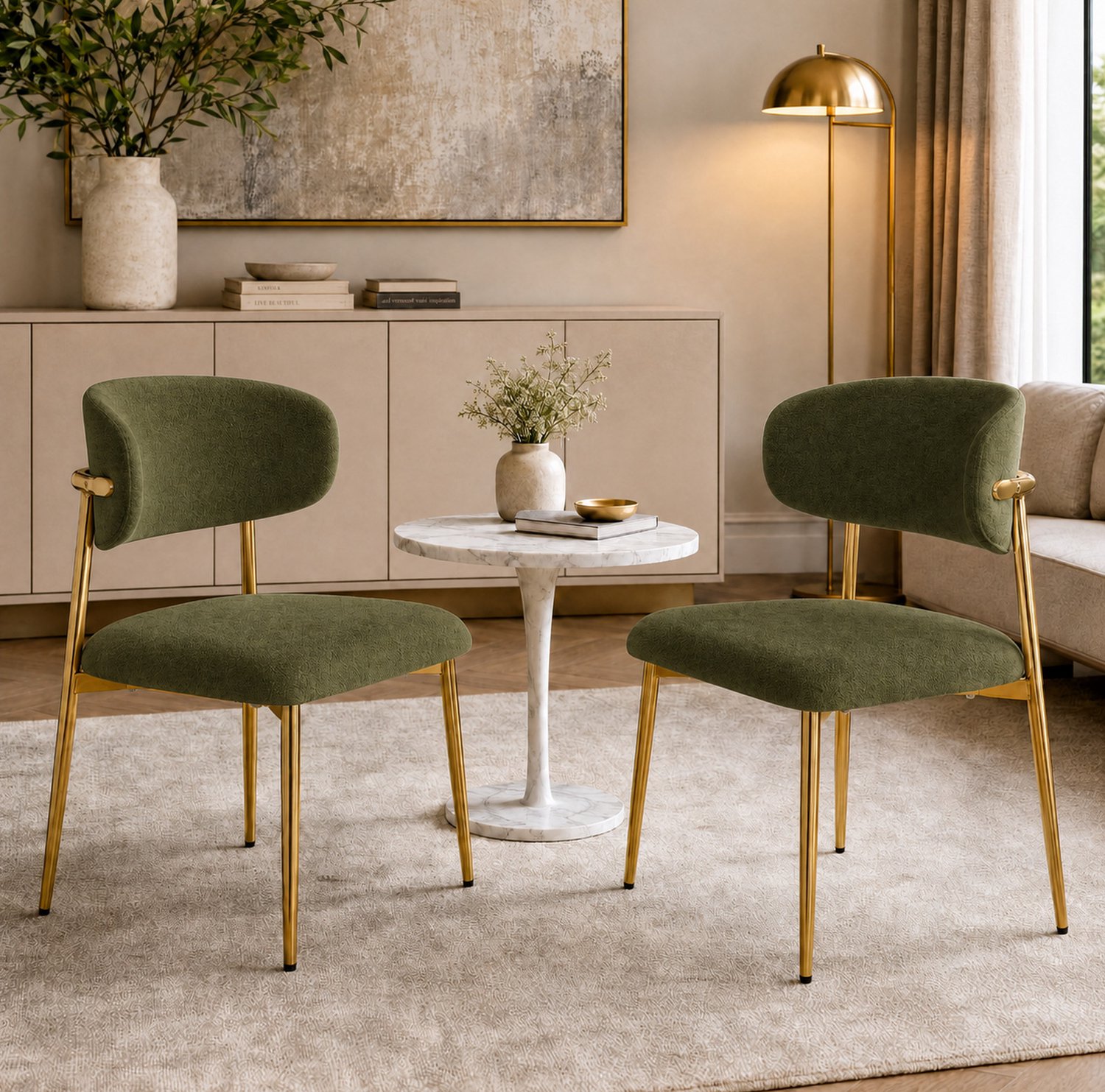 Maisentiel Set van 2 groene eetkamerstoelen – gestoffeerd, goudkleurig onderstel