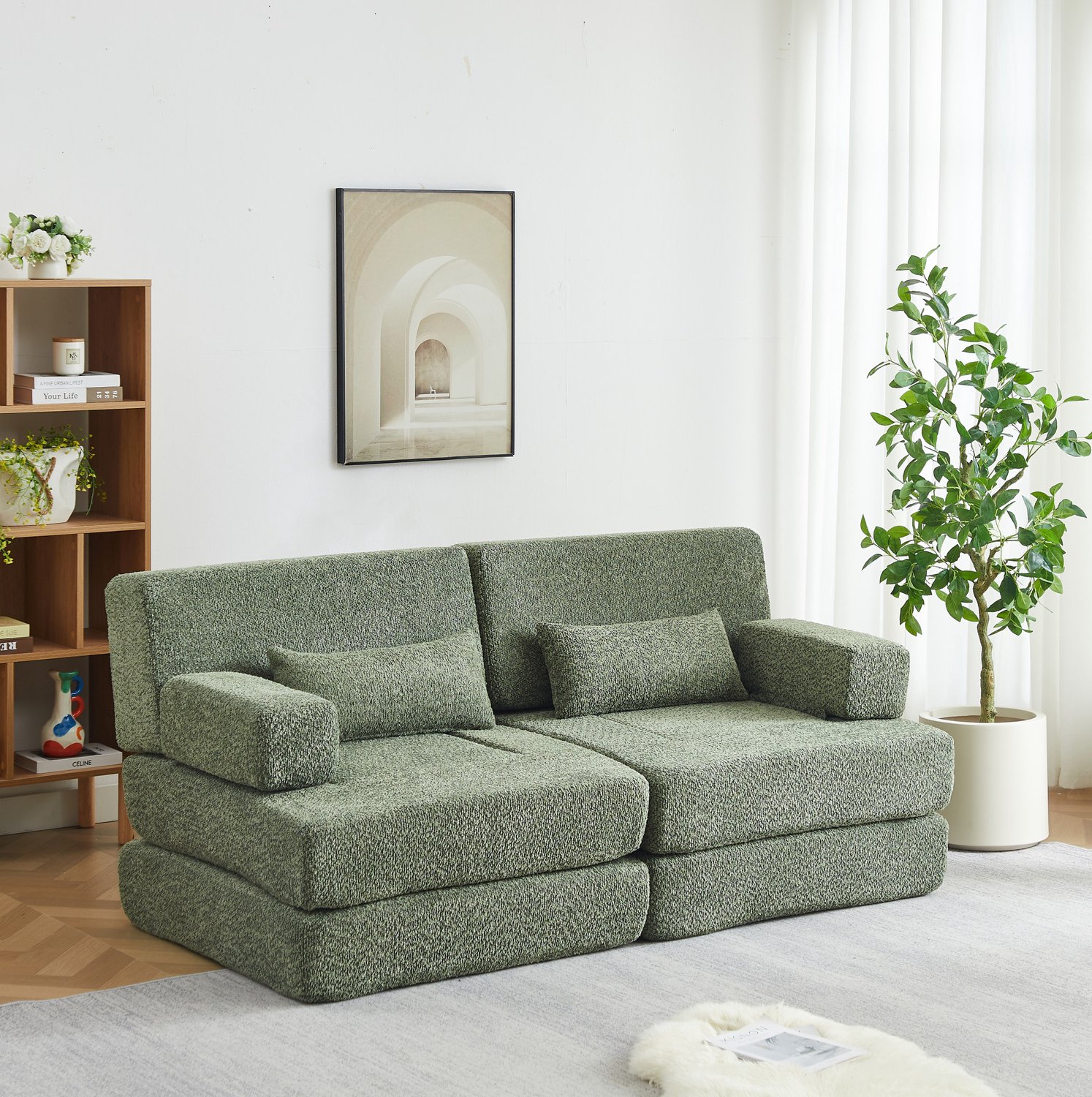 MODENUIT Slaapbank 182 x 90 x 80 cm - Modulair en Uitklapbaar - Voor Woonkamer en Kantoor - Chenille - Groen