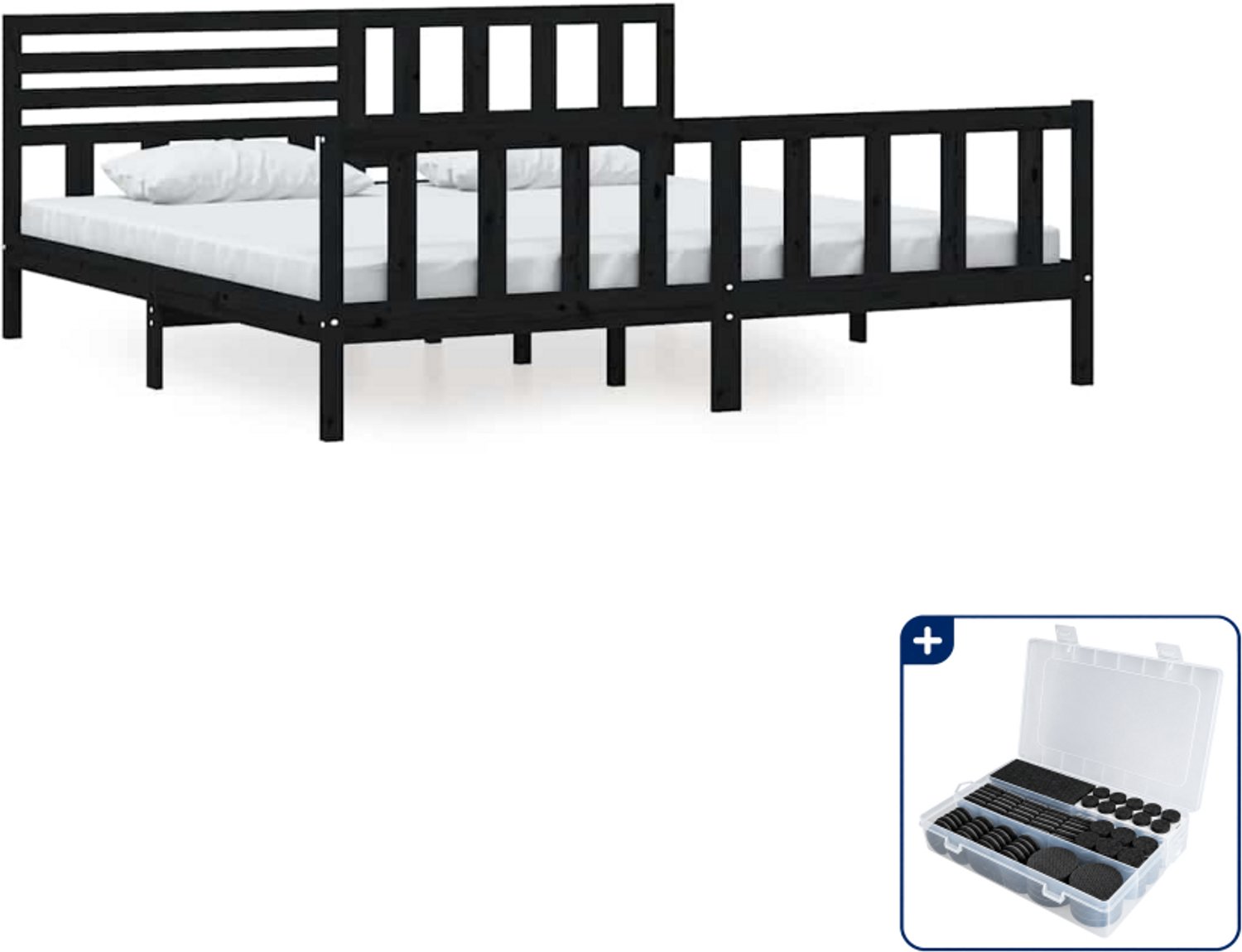 vidaXL Bedframe - 200 x 200 cm - massief grenenhout - zwart - Inclusief antikrasvilt 177-delig