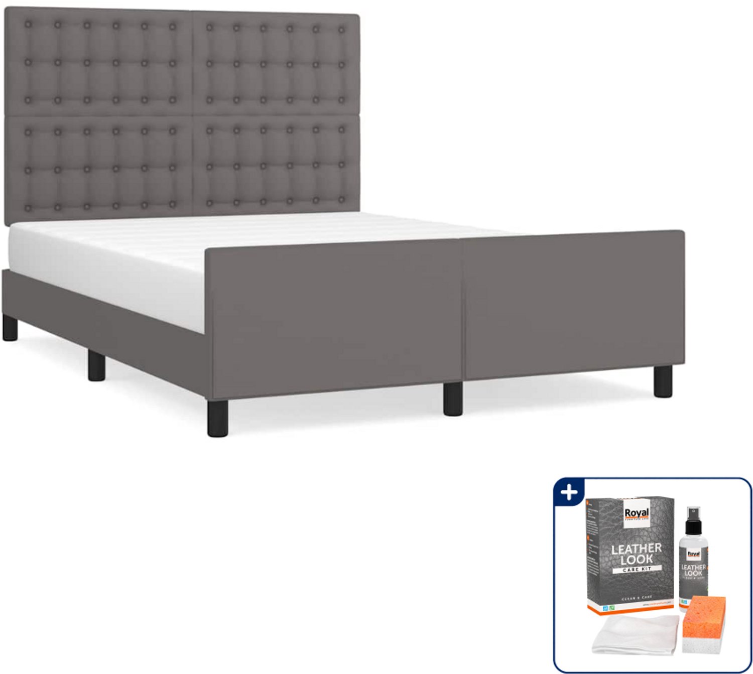 vidaXL bedframe met hoofdbord - Small double - 140 x 200 cm - grijs - Inclusief onderhoudsset voor kunstleer 150 ml