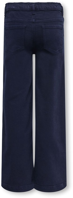 Donkerblauwe spijkerbroek met wijde pijpen, gezien vanaf de achterkant met twee zakken.