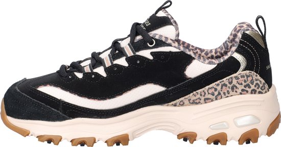 Zwarte Skechers D'LITES veterschoen met leopardprint op de kraag en hiel, beige zijpanelen en bruine zool.