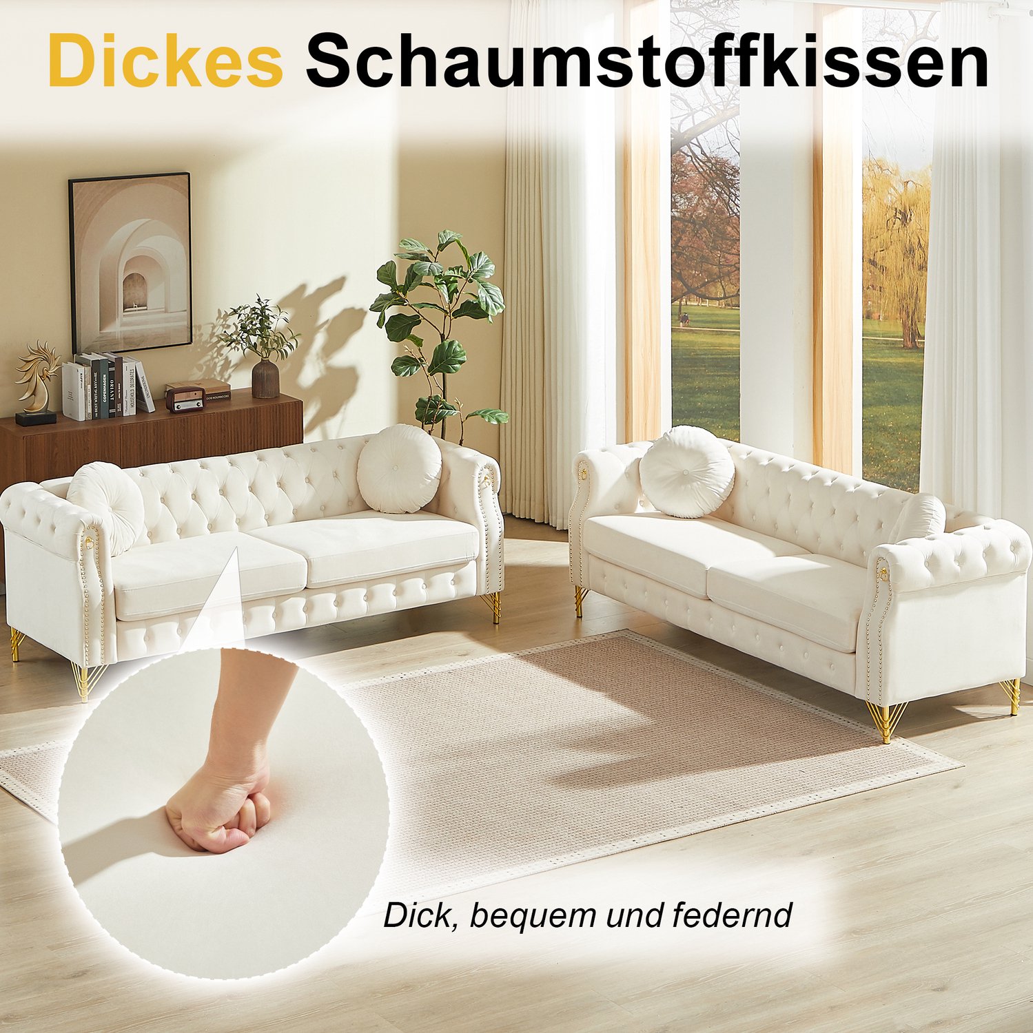 MODENUIT Chesterfield Bank - 2-Zitsbank Met Armleuningringen - Voor Woonkamer - Fluweel En Metaal - Beige Ivoorwit
