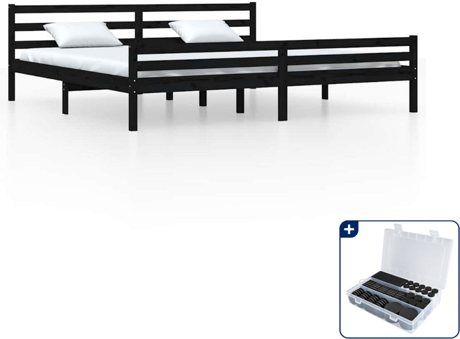 vidaXL bedframe - 200 x 200 cm - massief grenenhout - zwart - Inclusief antikrasvilt 177-delig