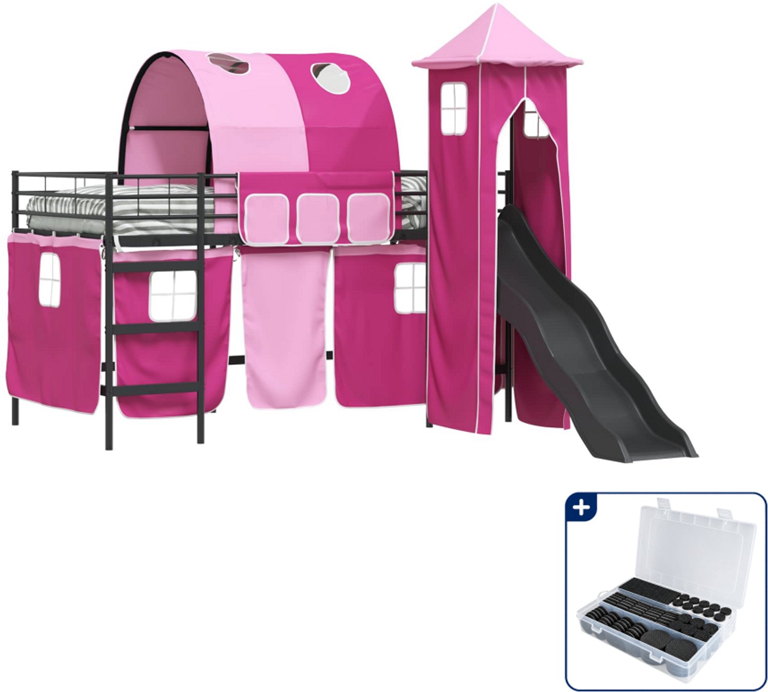 vidaXL stapelbed - 100 x 200 cm - metaal - zwart en roze - Inclusief antikrasvilt 177-delig