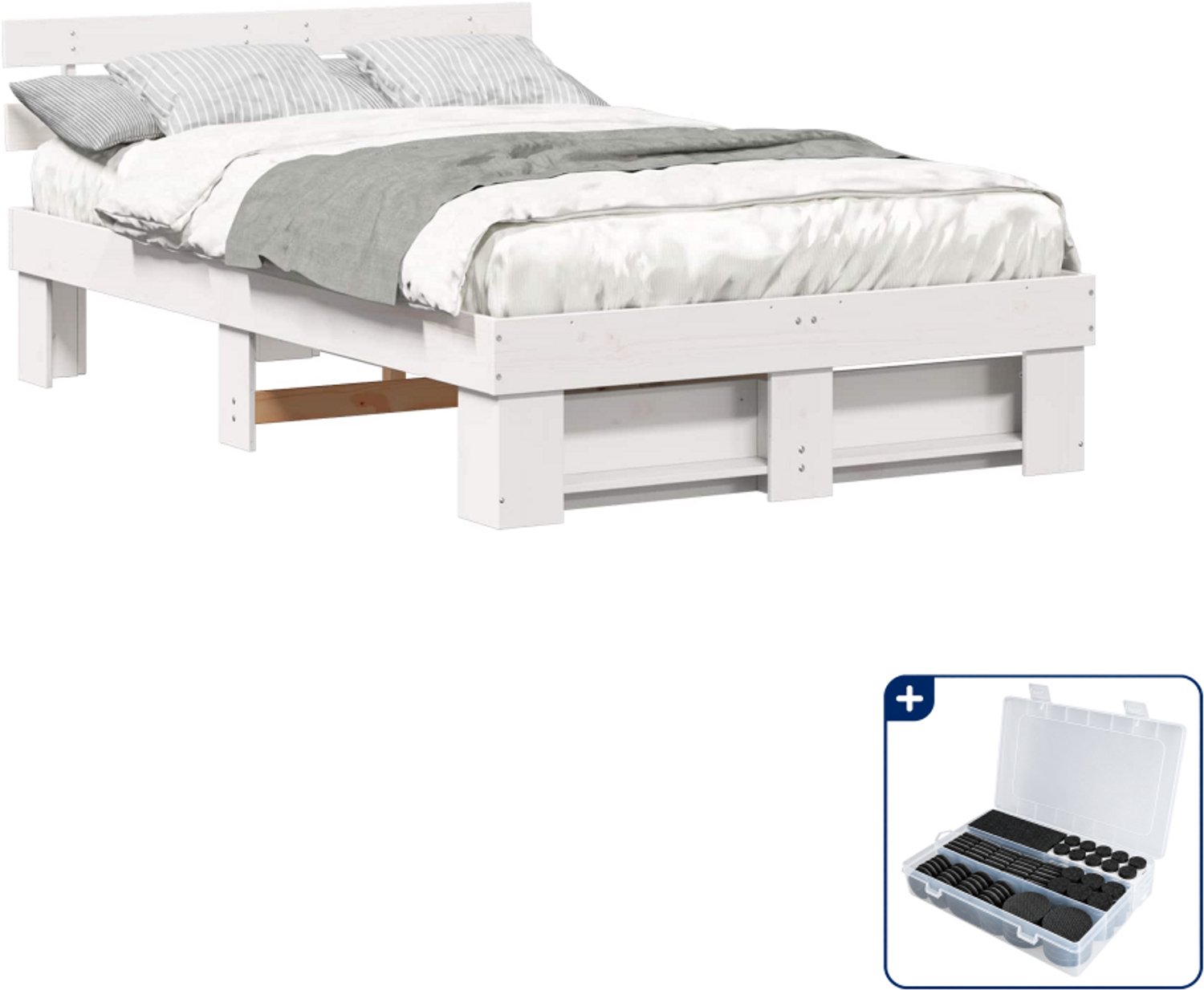 vidaXL bedframe met hoofdeinde - 140 x 190 cm - massief grenenhout - wit - Inclusief antikrasvilt 177-delig
