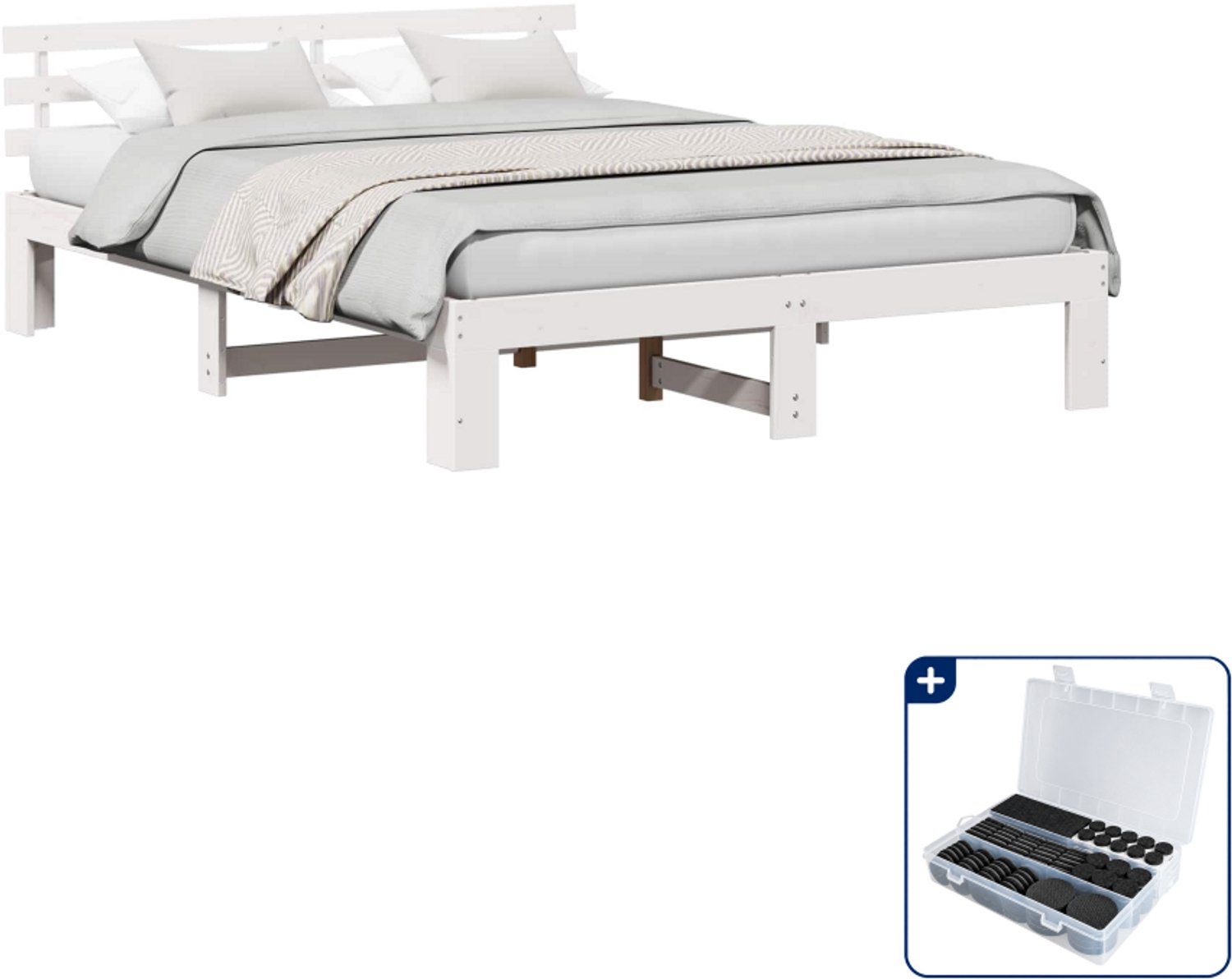 vidaXL Queensize bedframe - 160 x 200 cm - massief grenenhout - wit - Inclusief antikrasvilt 177-delig