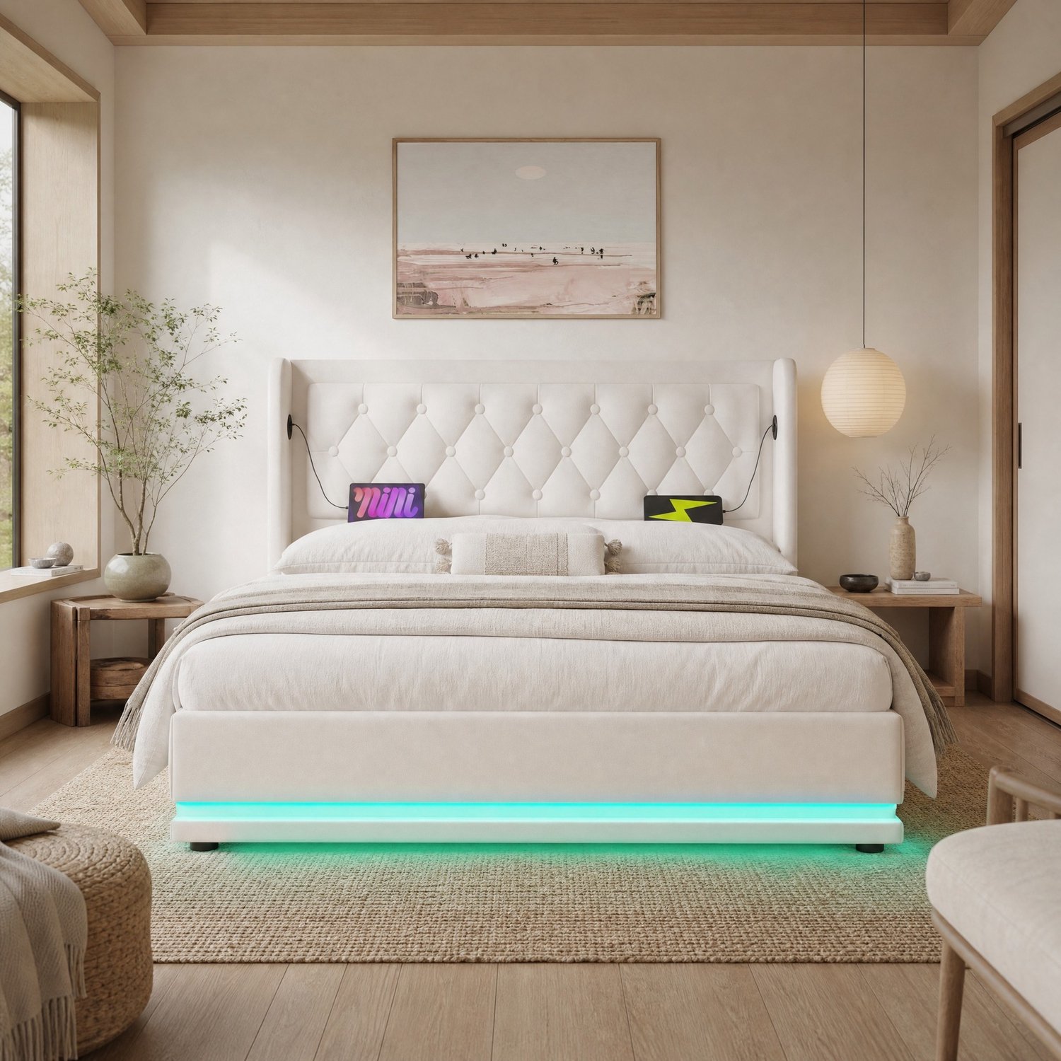 Maisentiel Gestoffeerd bed 140 x 200 cm - wit kunstleer - opbergruimte, LED en USB-C