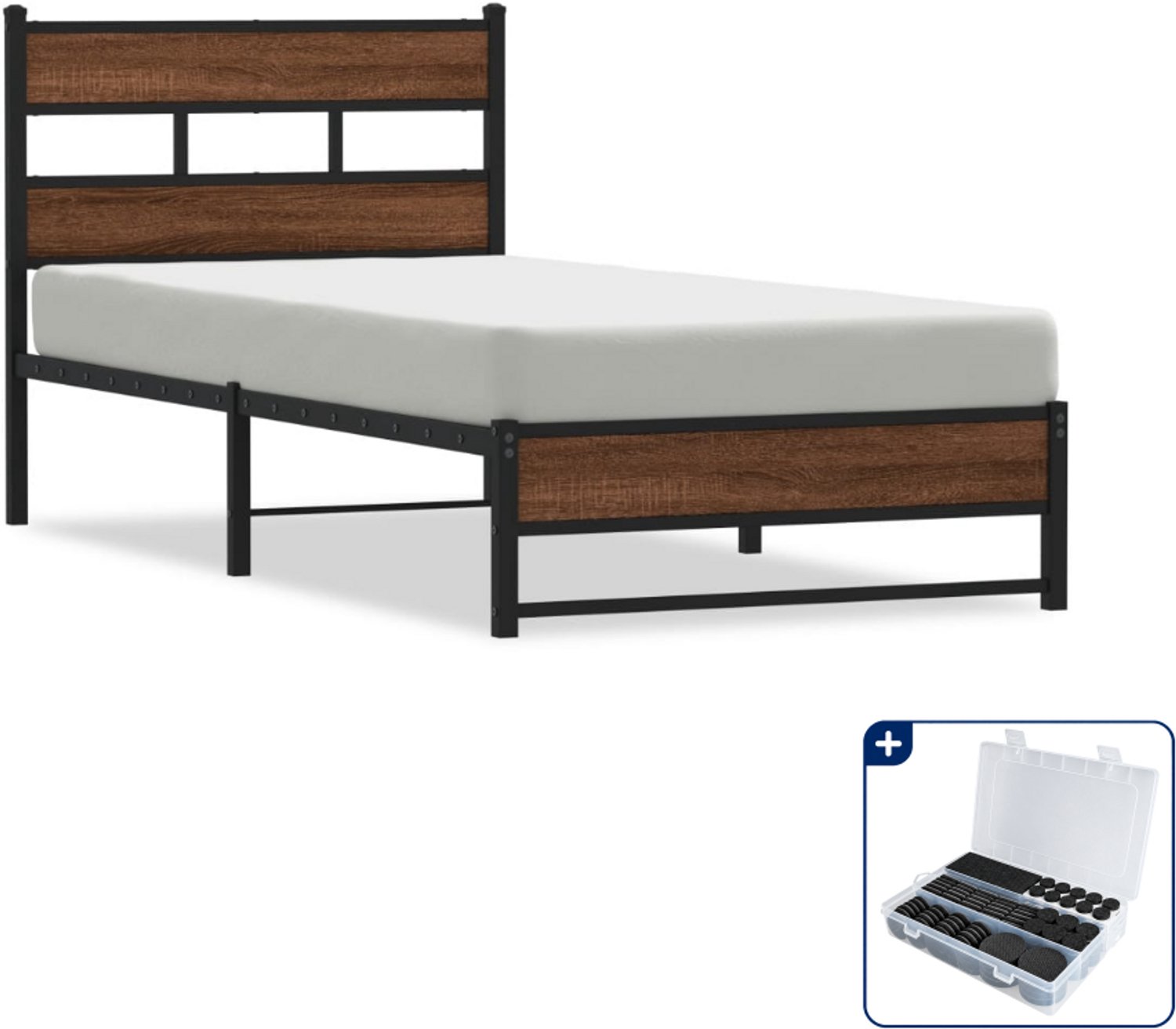 vidaXL bedframe - 90 x 190 cm - staal en bewerkt hout - bruineiken - Inclusief antikrasvilt 177-delig
