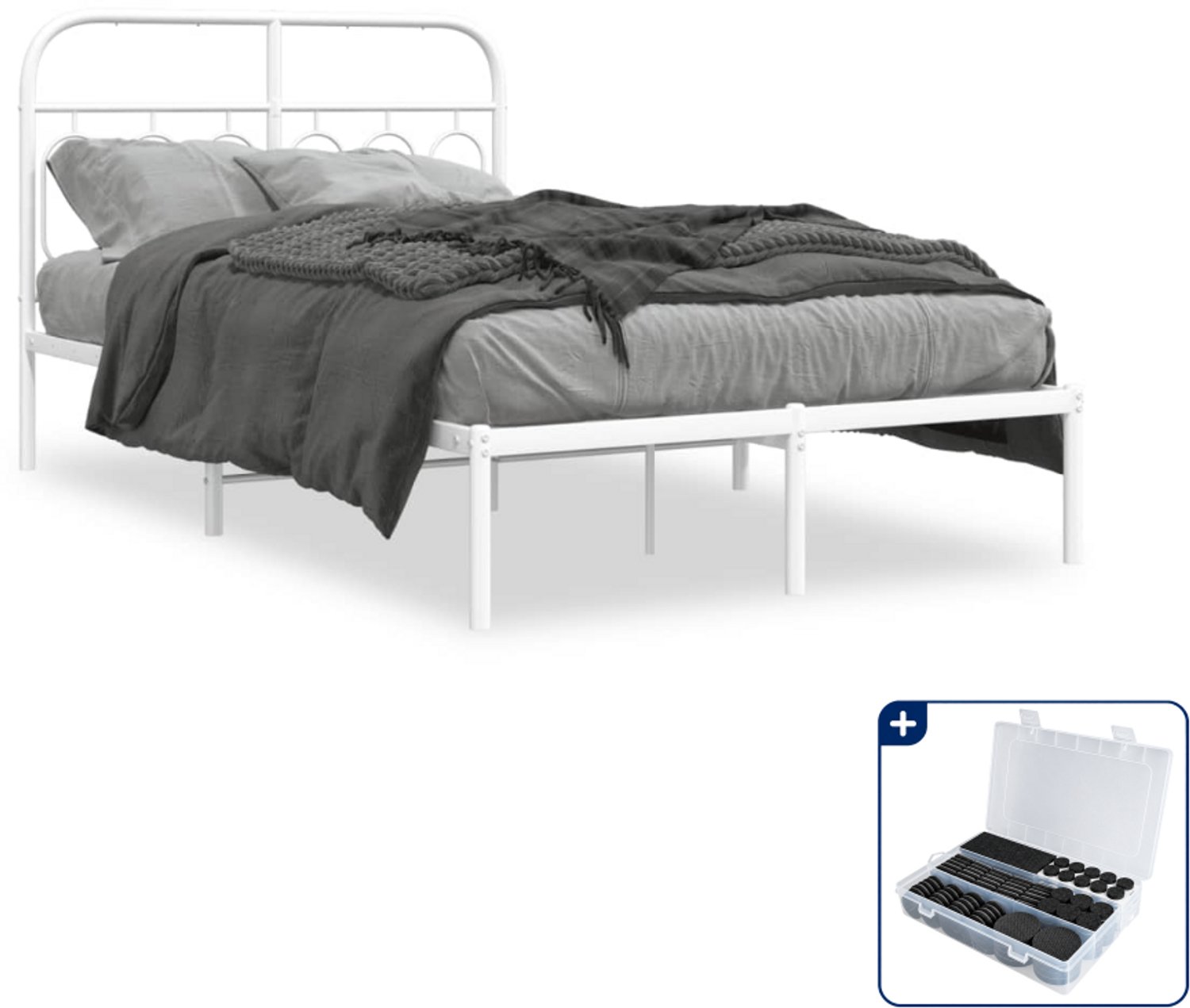 vidaXL bedframe met hoofdbord - 120 x 190 cm - staal - wit - Inclusief antikrasvilt 177-delig