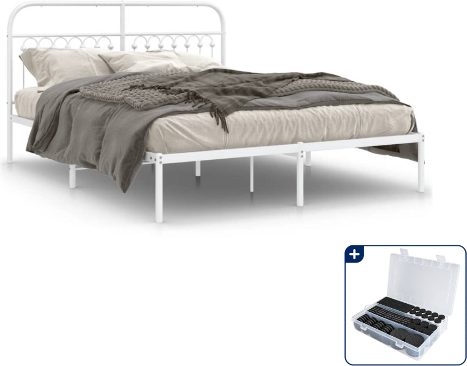 vidaXL bedframe met hoofdbord - 150 x 200 cm - staal - wit - Inclusief antikrasvilt 177-delig