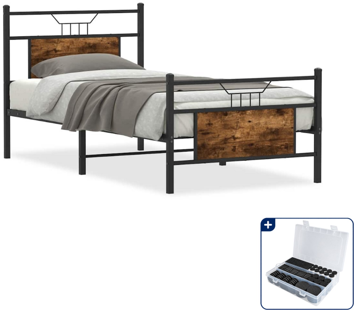 vidaXL bedframe - 90 x 190 cm - bewerkt hout en staal - gerookt eiken - Inclusief antikrasvilt 177-delig Bruin