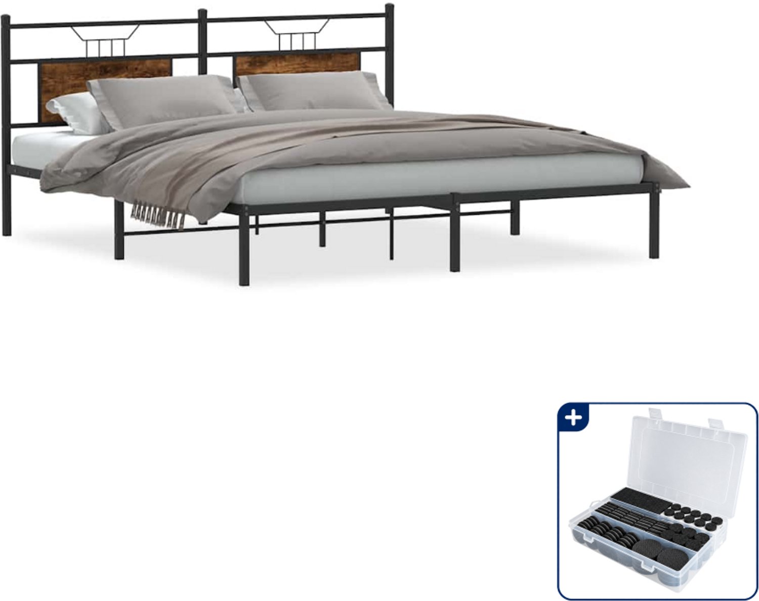 vidaXL bedframe - 183 x 213 cm - bewerkt hout en staal - gerookt eiken - Inclusief antikrasvilt 177-delig Bruin