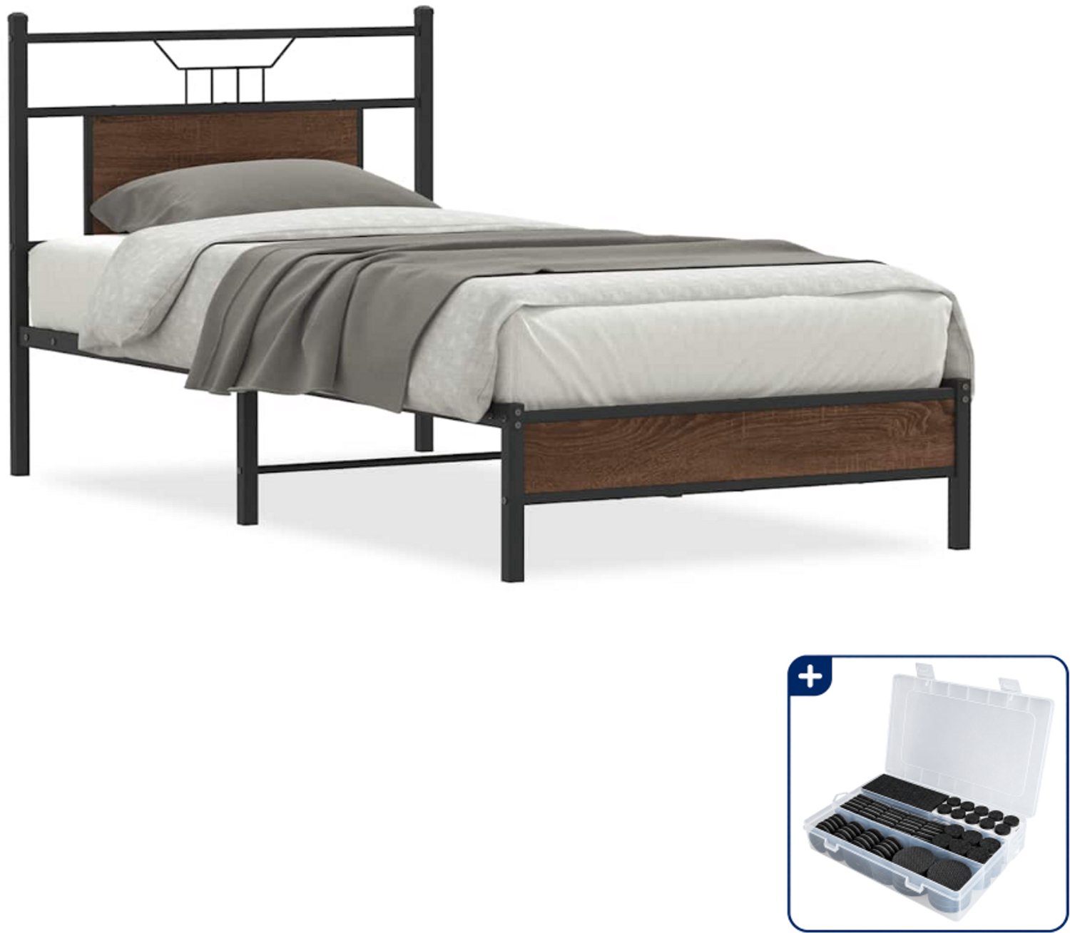 vidaXL Bedframe - 75 x 190 cm - bewerkt hout - bruineiken - Inclusief antikrasvilt 177-delig