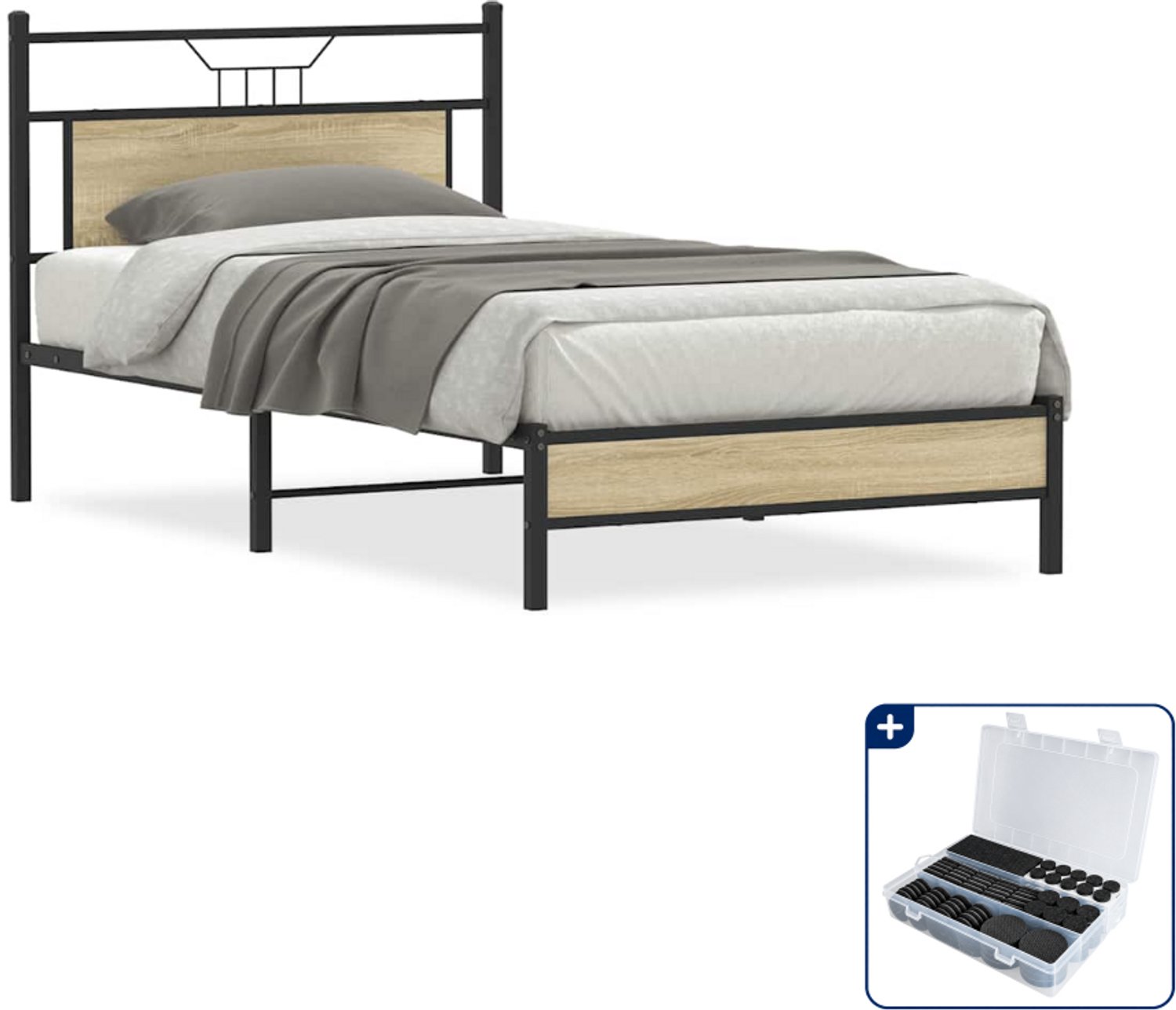 vidaXL Bedframe - 107 x 203 cm - bewerkt hout en staal - sonoma eiken - Inclusief antikrasvilt 177-delig Bruin