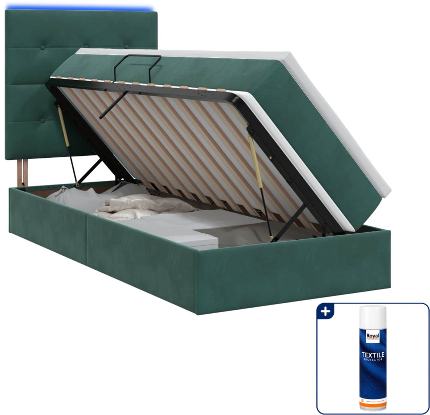 vidaXL LED opslagbed met matras - 90 x 200 cm - fluweel - donkergroen - Inclusief textielbeschermer 500 ml