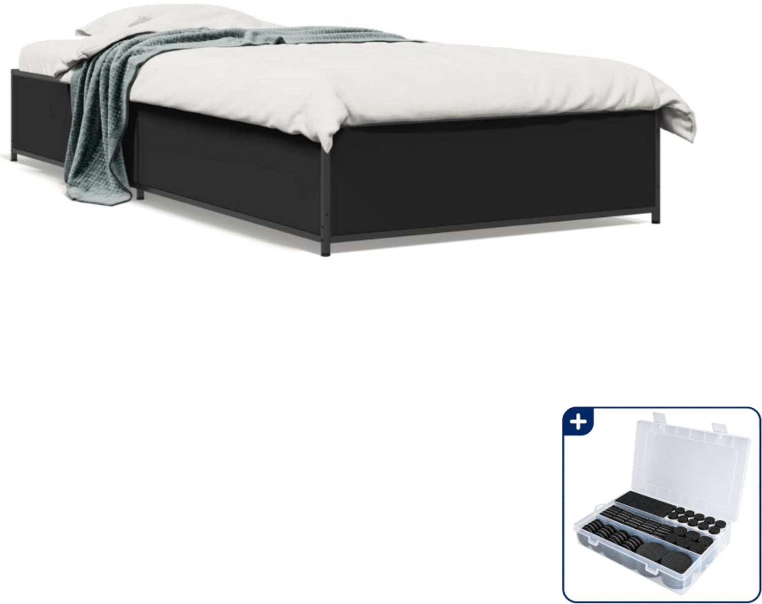 vidaXL bedframe - 75 x 190 cm - bewerkt hout en metaal - zwart - Inclusief antikrasvilt 177-delig