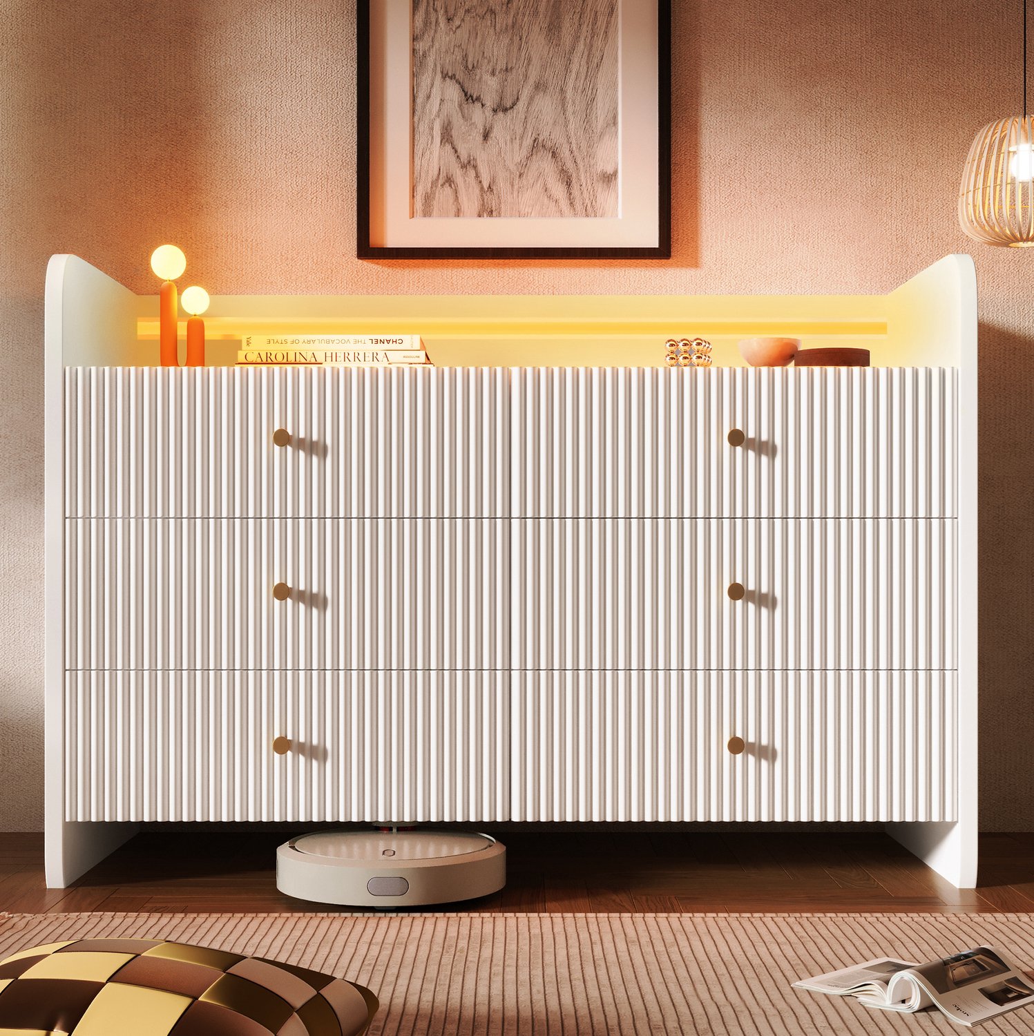 Maisentiel Wit dressoir met LED-verlichting en 6 lades - golvend reliëf - 120 x 40 x 75 cm