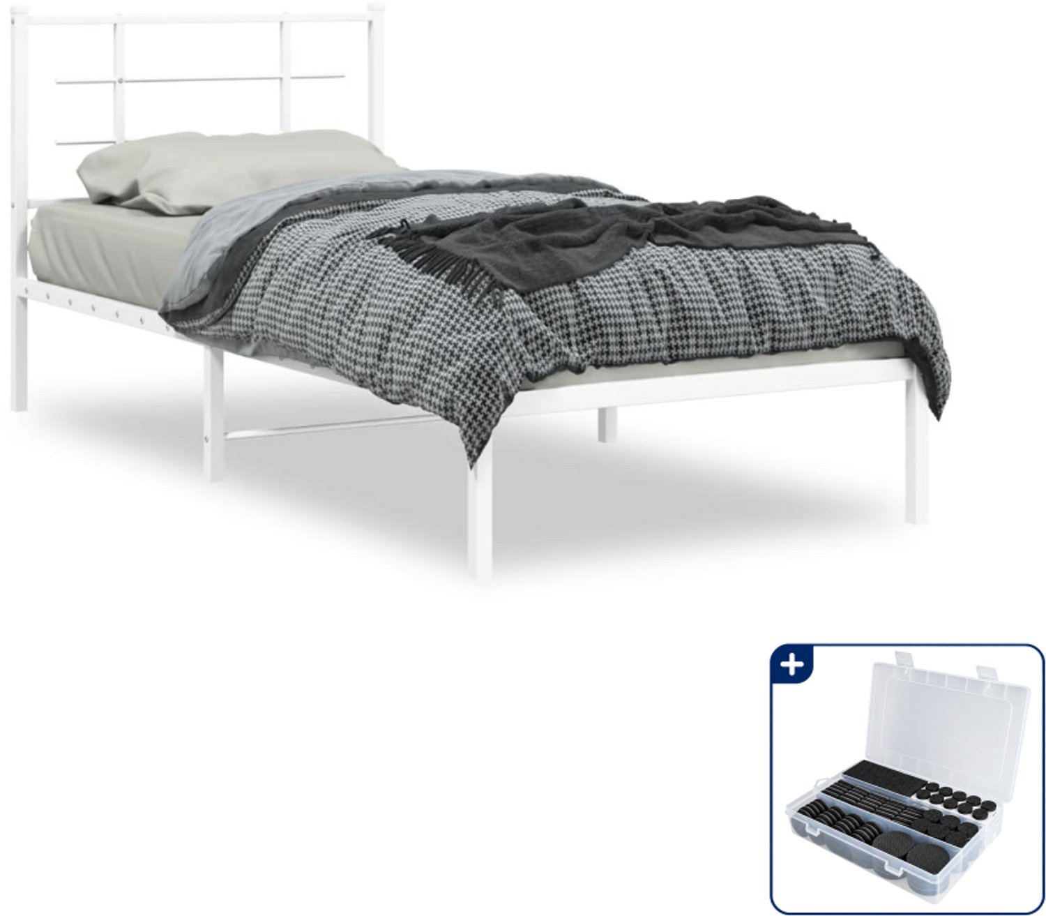 vidaXL bedframe met hoofdbord - 90 x 200 cm - staal - wit - Inclusief antikrasvilt 177-delig