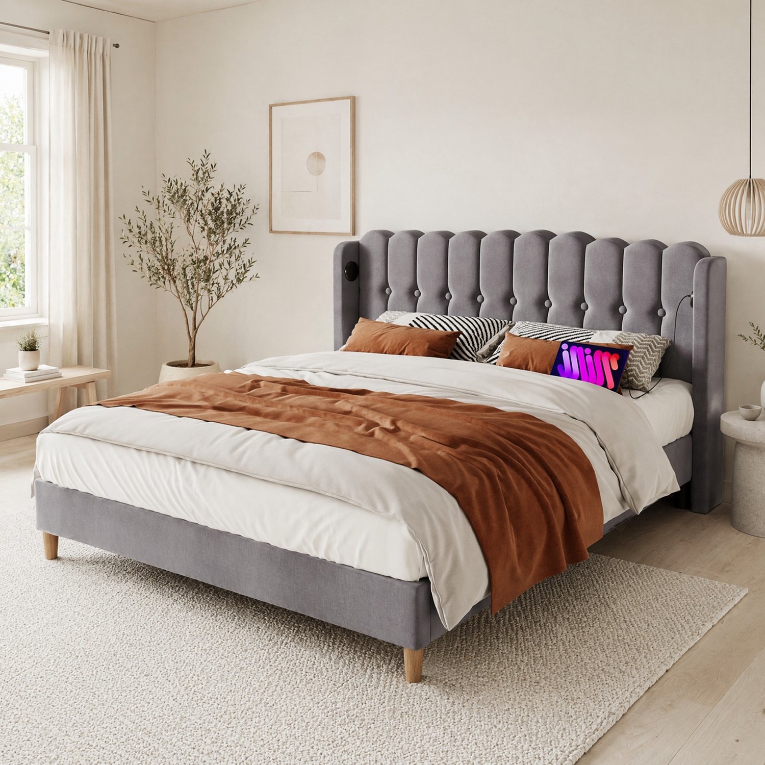 Maisentiel Gestoffeerd tweepersoonsbed 180 x 200 cm - grijs linnen - USB en USB-C - lattenbodem