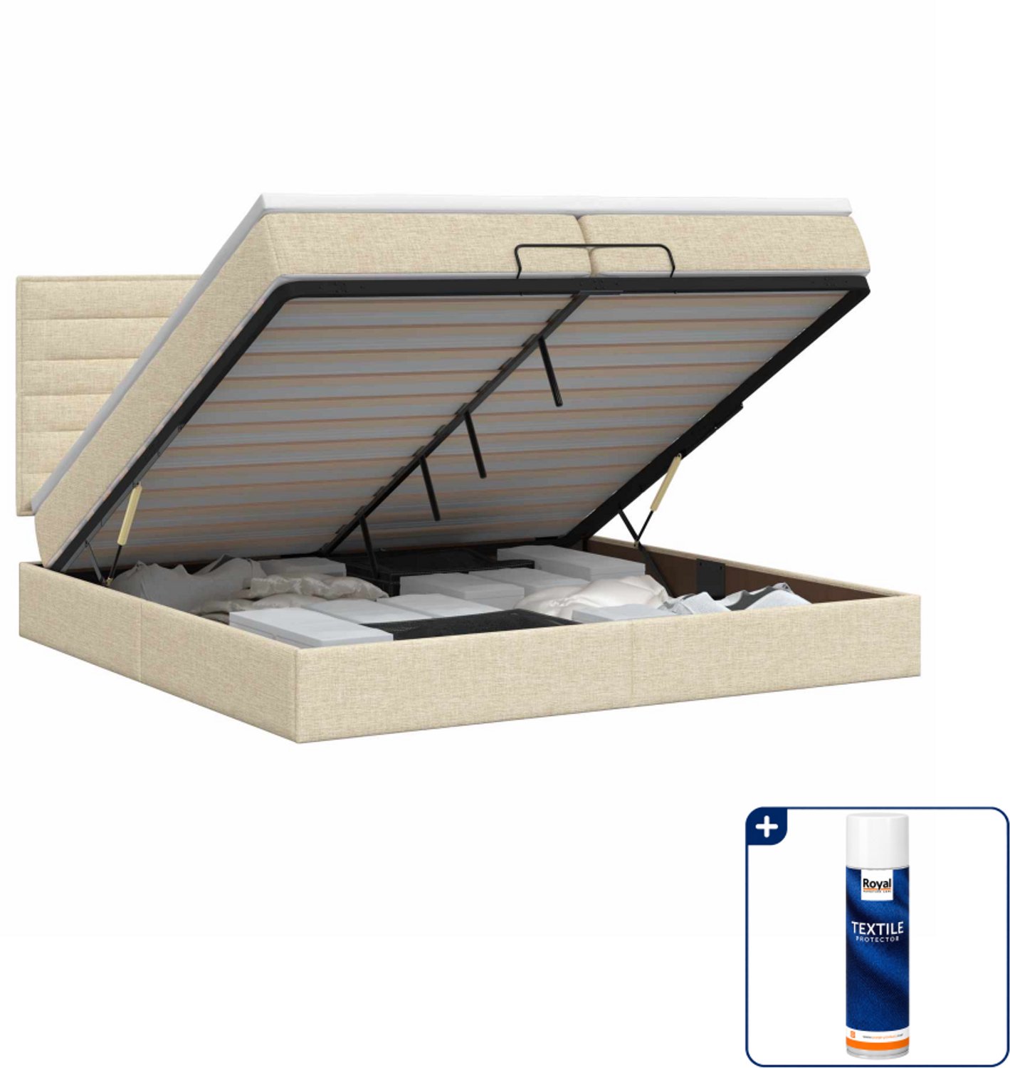 vidaXL bed met matras - 200 x 200 cm - stof - crèmekleurig - Inclusief textielbeschermer 500 ml