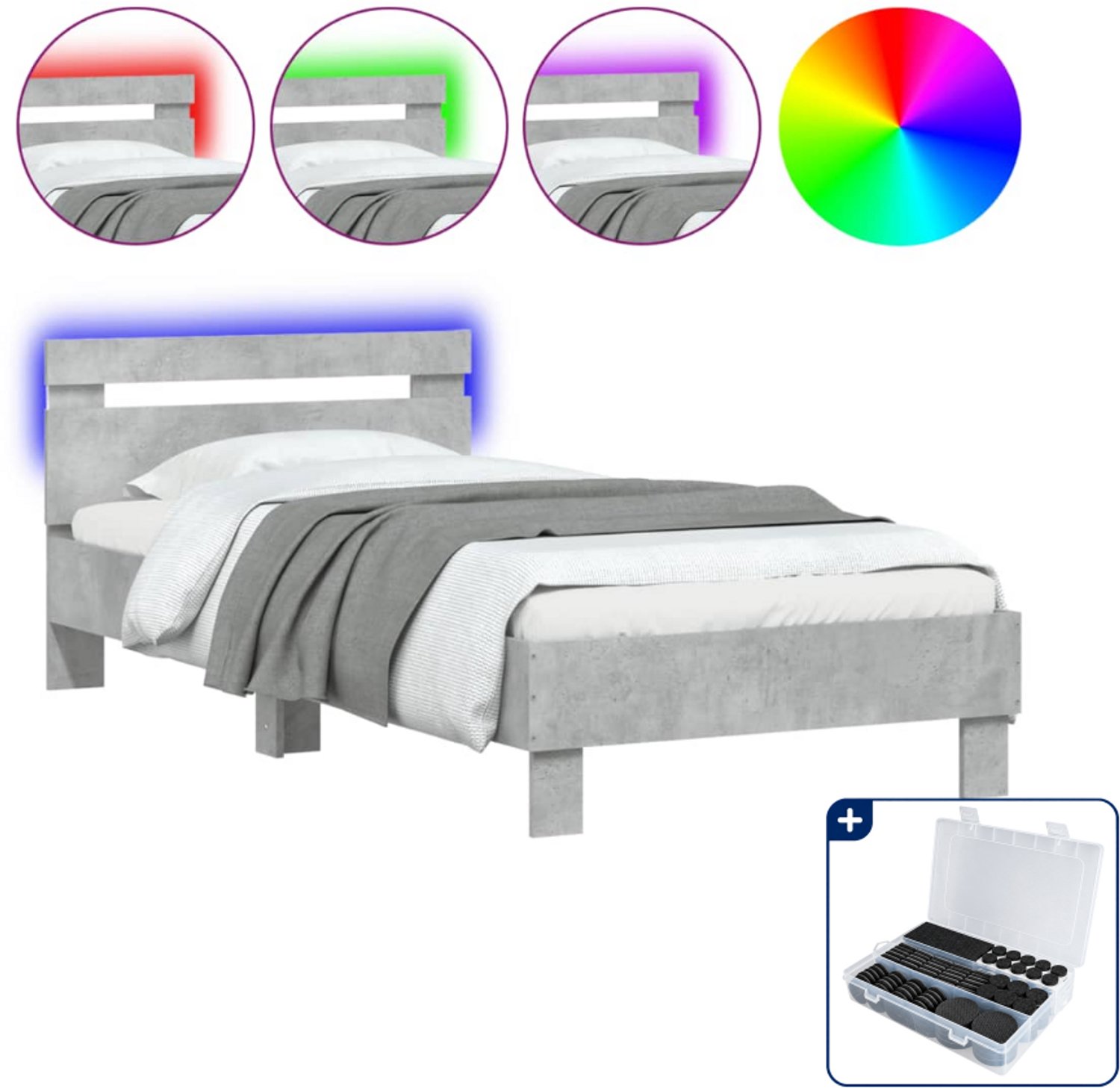 vidaXL bedframe met hoofdbord en led - 90 x 200 cm - betongrijs - Inclusief antikrasvilt 177-delig