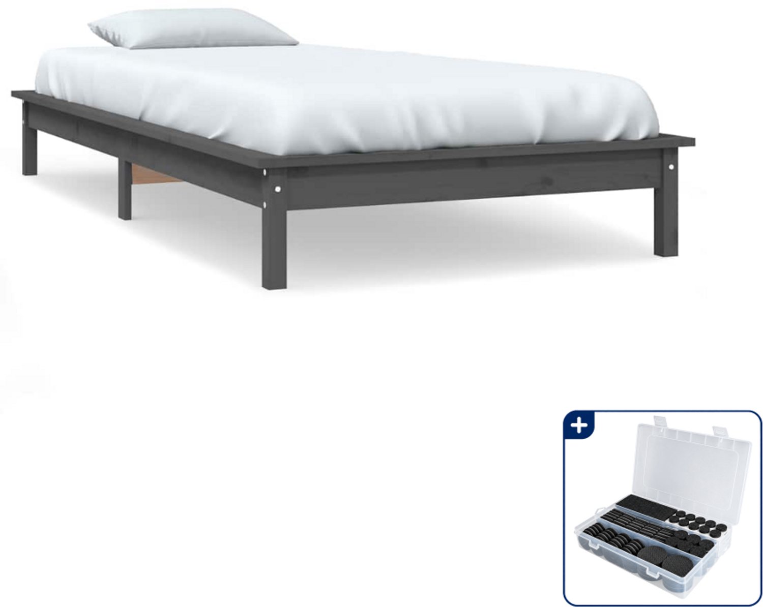 vidaXL bedframe - 90 x 200 cm - massief grenenhout - grijs - Inclusief antikrasvilt 177-delig