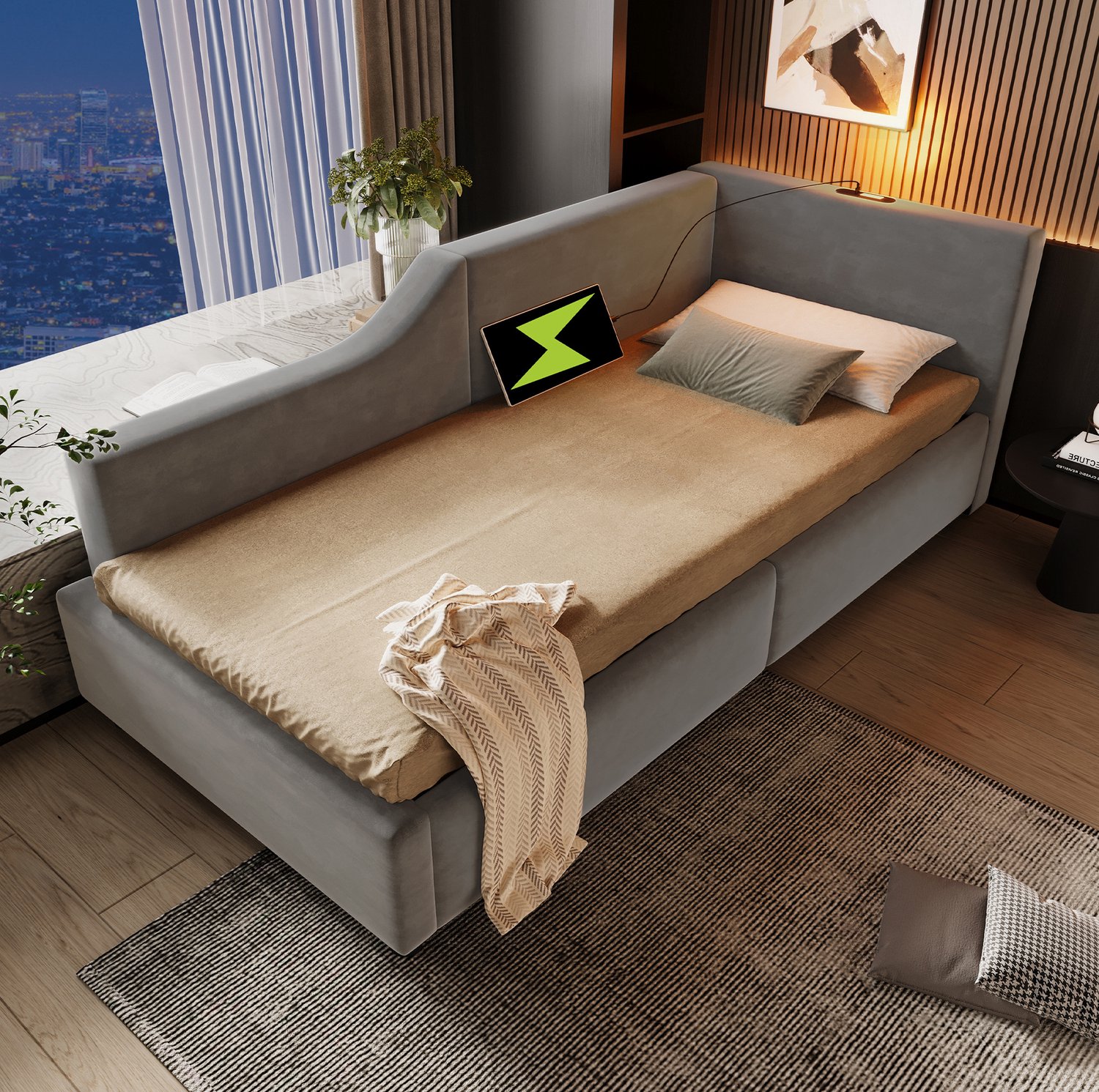 Maisentiel Grijs fluwelen dagbed 90 x 200 cm met opbergruimte, leeslamp en USB-C