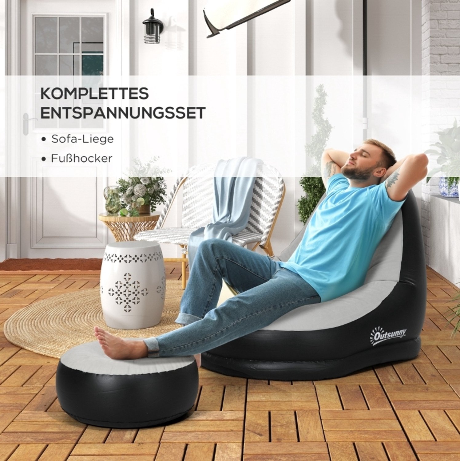 STILVORA Opblaasbare Fauteuil 125 x 100 x 87 cm - Met Voetenbank en Bekerhouder - Voor Thuis en Kamperen - Kunststof - Lichtgrijs