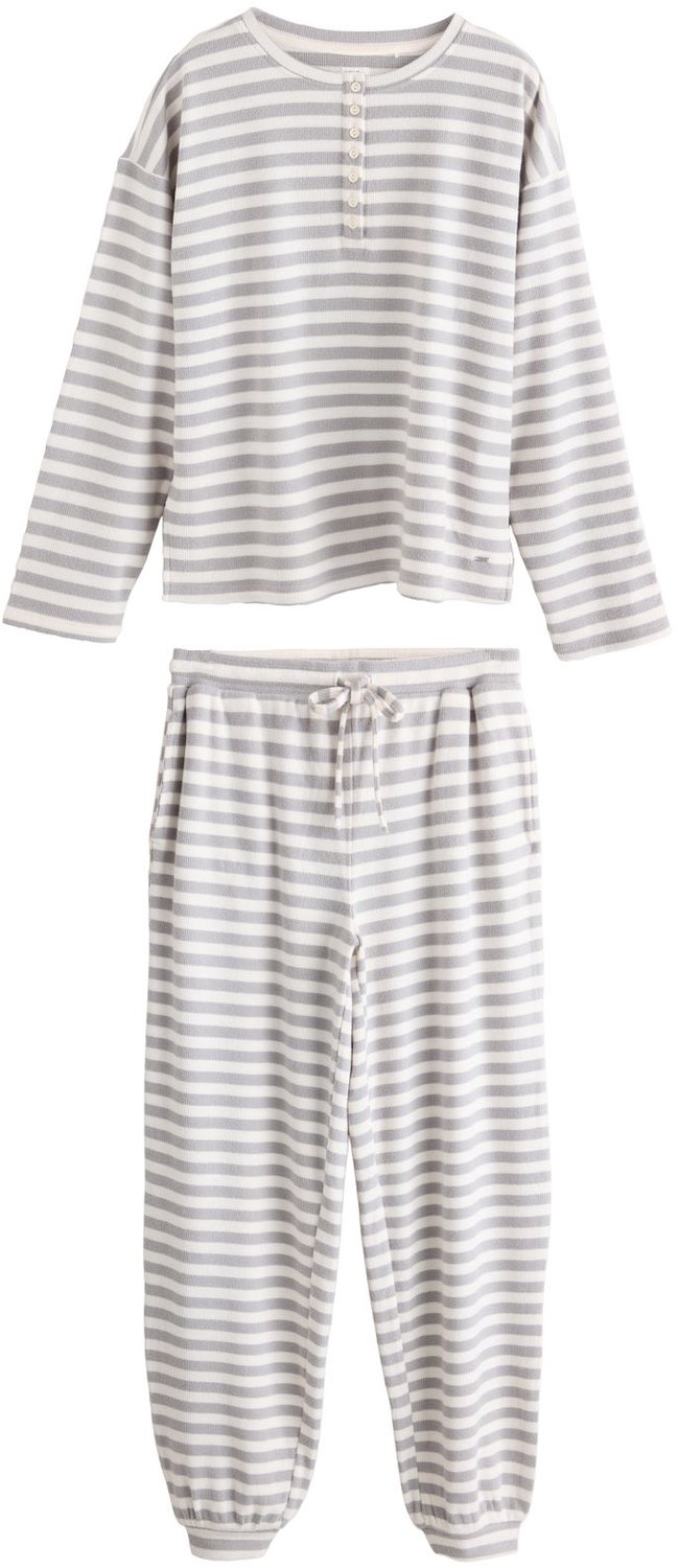 Next Dames - Behaaglijke petite Henley-pyjama van wafelstof met lange mouwen - Petite - Grijs Grey Stripe