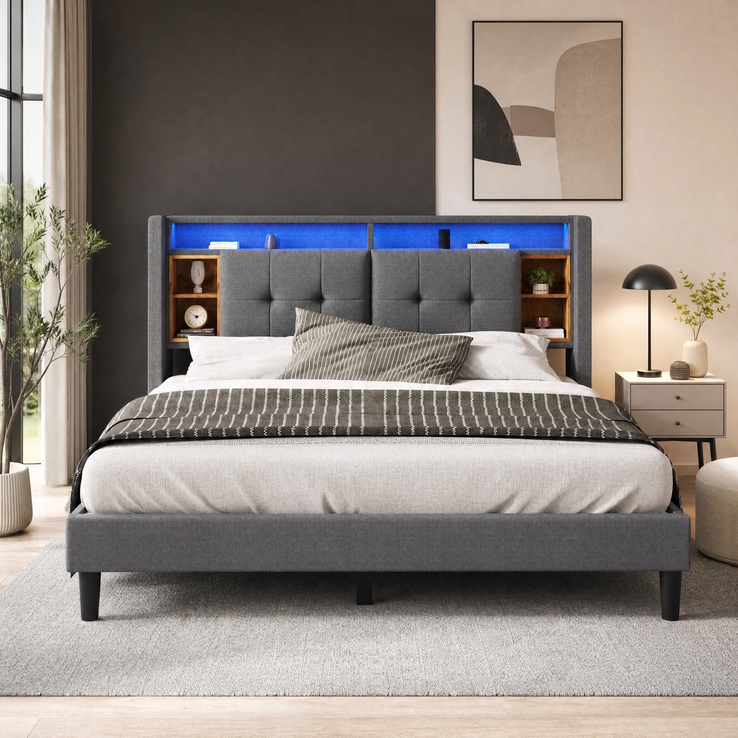 Maisentiel Grijs tweepersoonsbed 160 x 200 cm met opberghoofdbord, ledverlichting en USB