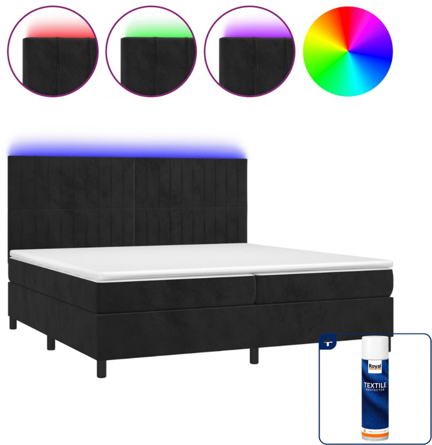 vidaXL boxspring met matras en LED - super kingsize - 200 x 200 cm - zwart - Inclusief textielbeschermer 500 ml