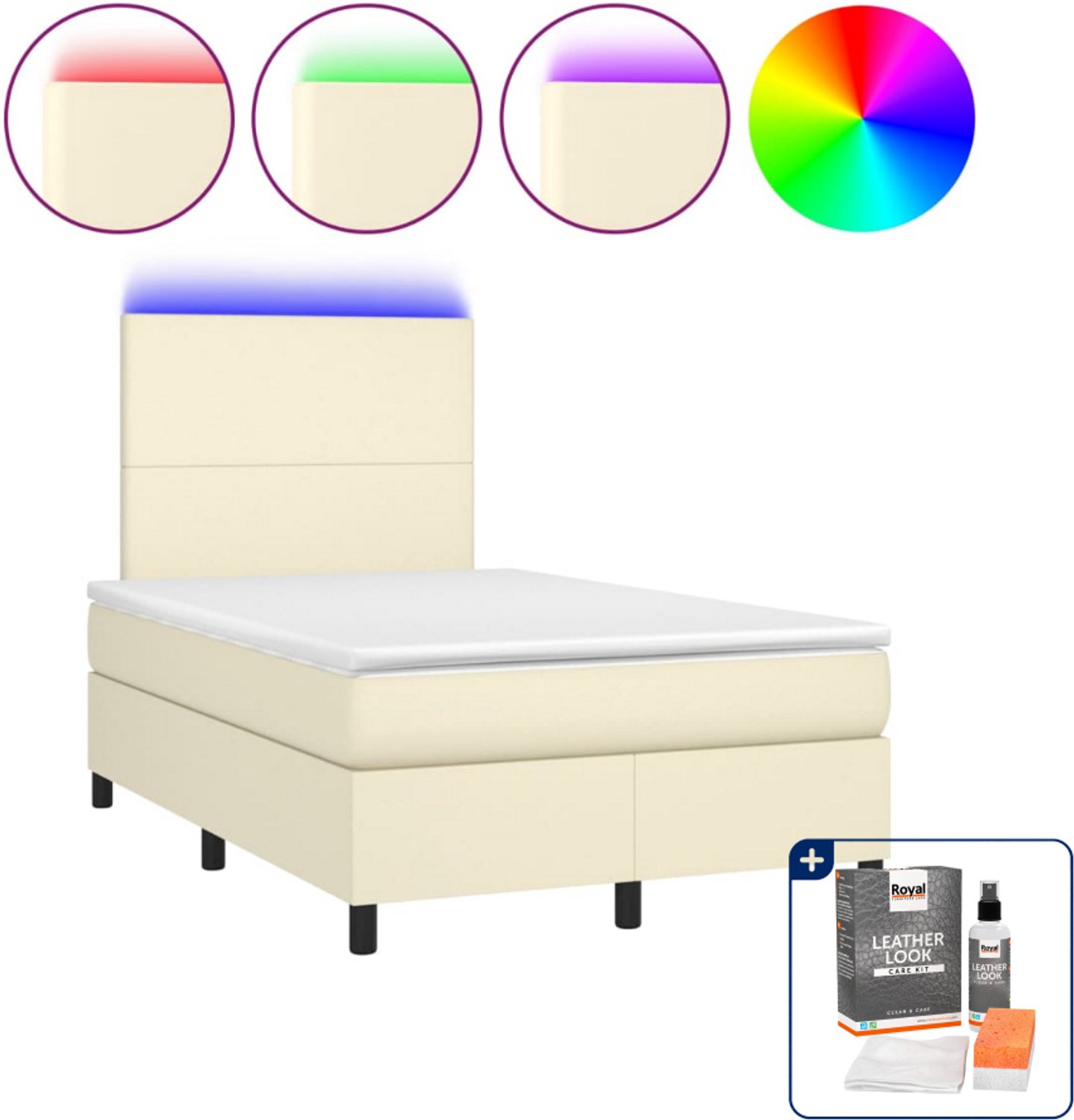 vidaXL boxspring met matras en led - 120 x 200 cm - kunstleer - crème - Inclusief onderhoudsset voor kunstleer 150 ml