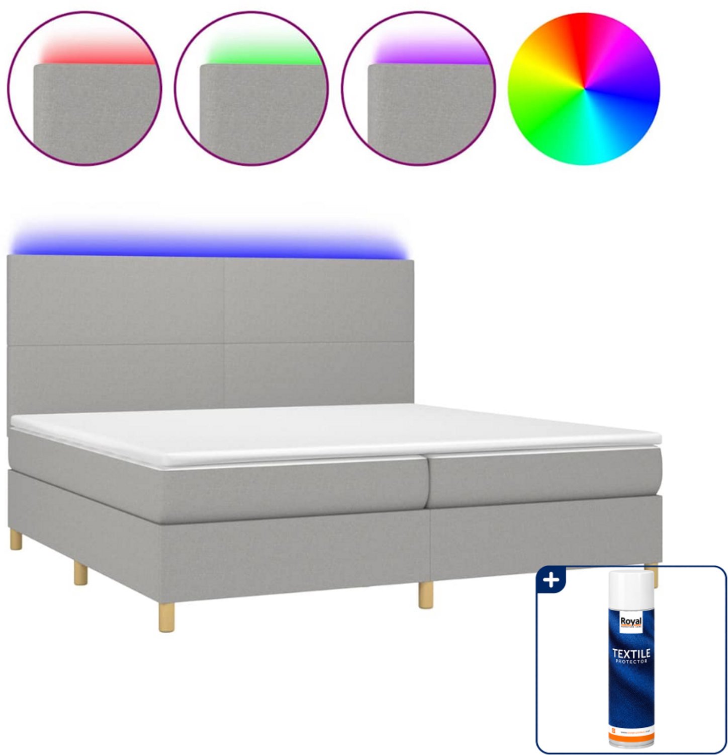 vidaXL boxspring met matras en led - super kingsize - 200x200 - lichtgrijs - Inclusief textielbeschermer 500 ml