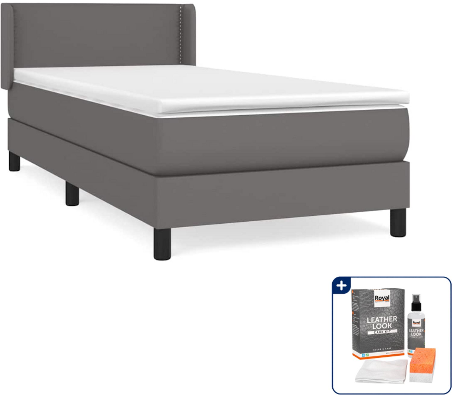 vidaXL boxspring met matras 100 x 200 cm - kunstleer - grijs - Inclusief onderhoudsset voor kunstleer 150 ml