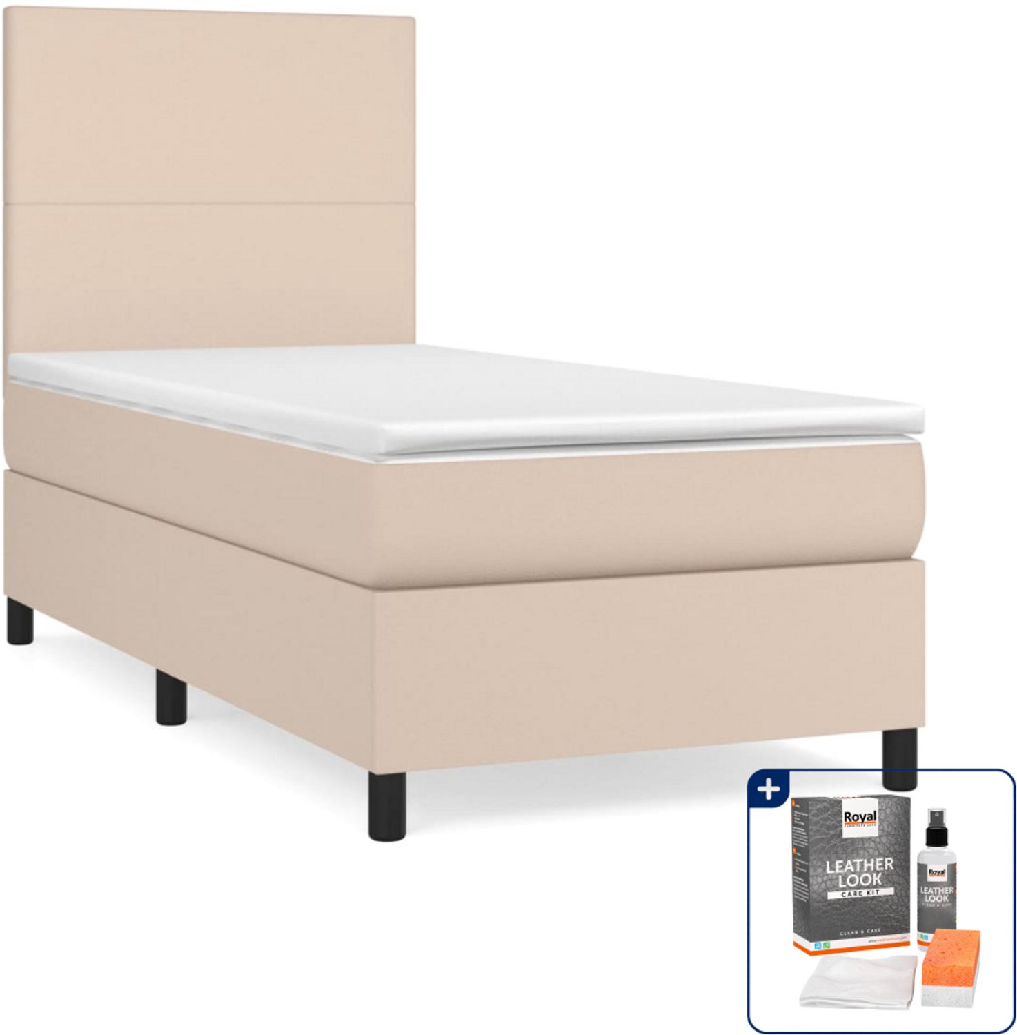 vidaXL boxspring met matras 100 x 200 cm - kunstleer - cappuccino - Inclusief onderhoudsset voor kunstleer 150 ml Bruin