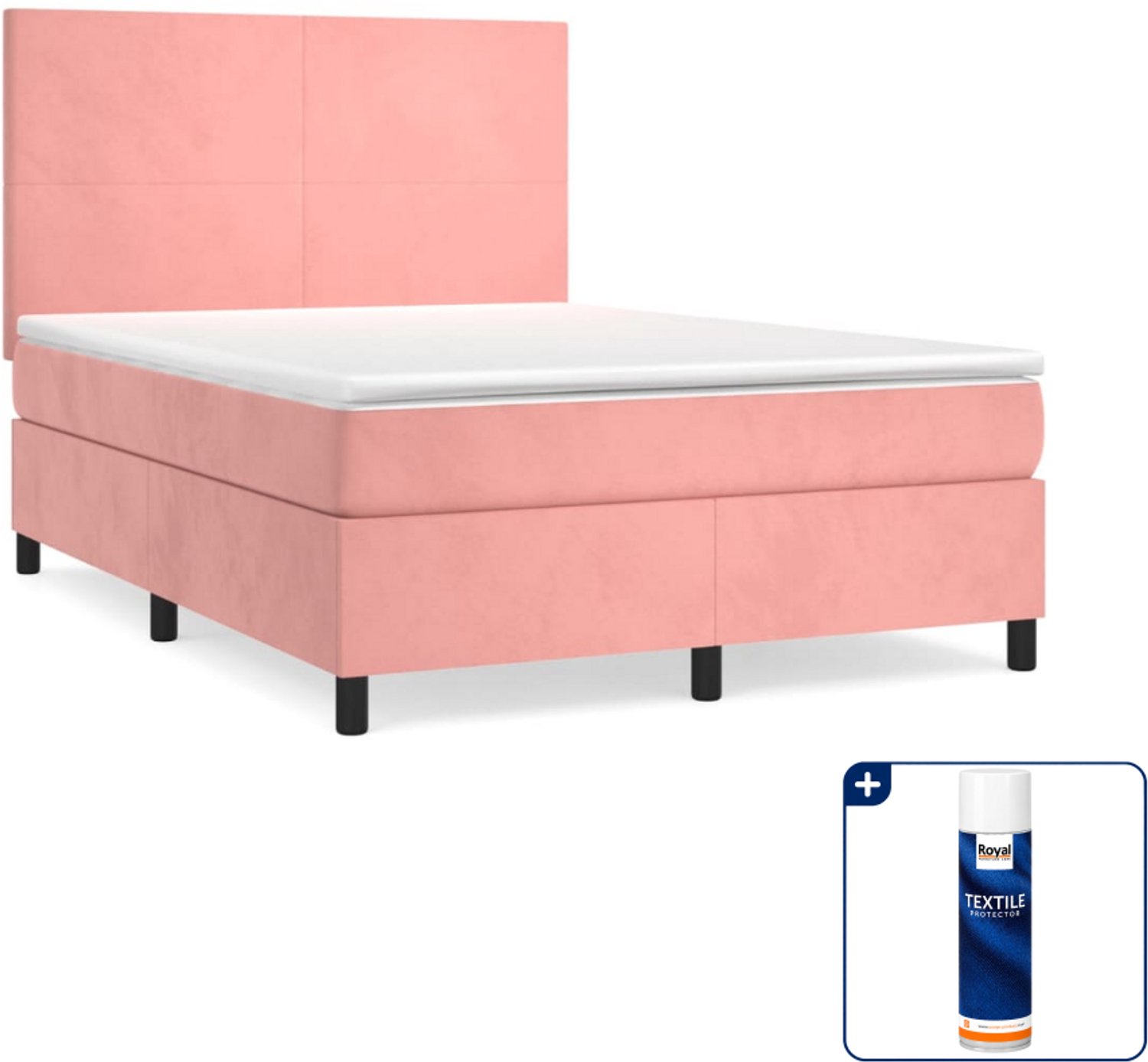 vidaXL boxspring met matras - 140 x 190 cm - fluweel - roze - Inclusief textielbeschermer 500 ml
