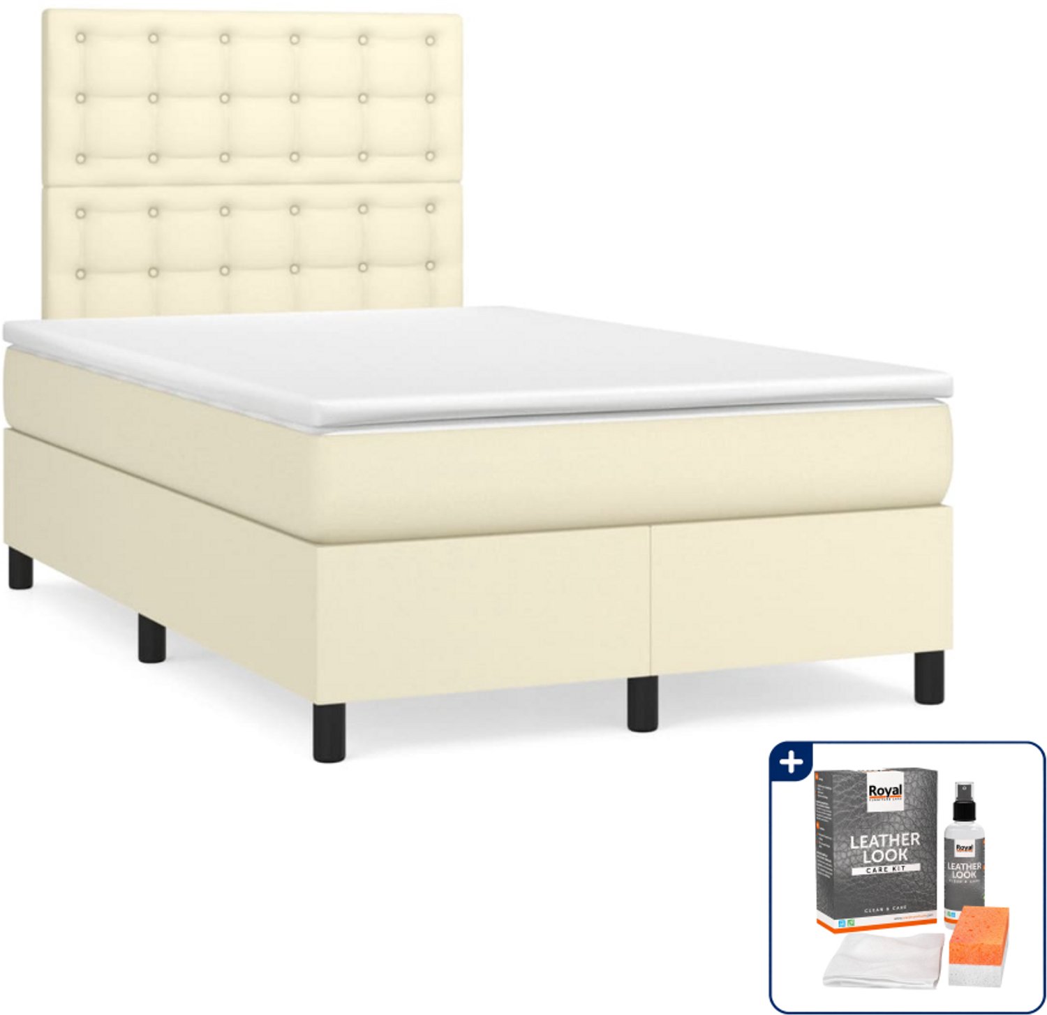 vidaXL boxspring met matras - 120 x 200 cm - kunstleer - crème - Inclusief onderhoudsset voor kunstleer 150 ml