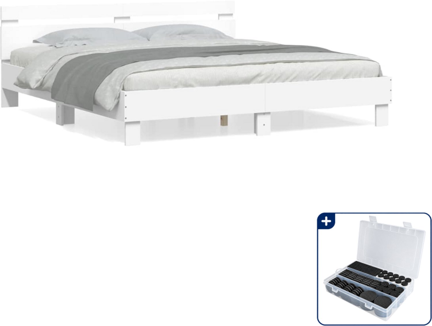 vidaXL Kingsize bedframe - 180 x 200 cm - bewerkt hout - wit - Inclusief antikrasvilt 177-delig Grijs
