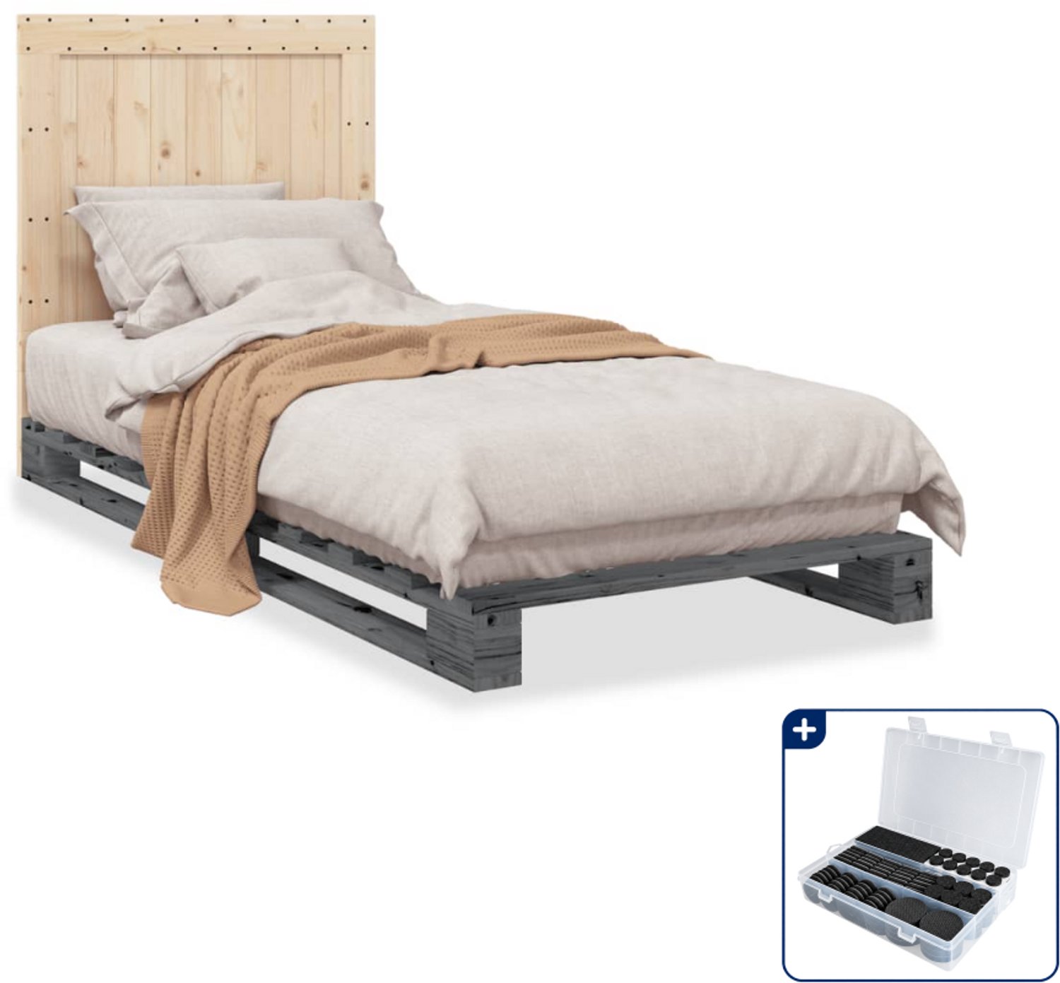 vidaXL bedframe met hoofdbord - 90 x 200 cm - massief grenenhout - grijs - Inclusief antikrasvilt 177-delig Wit
