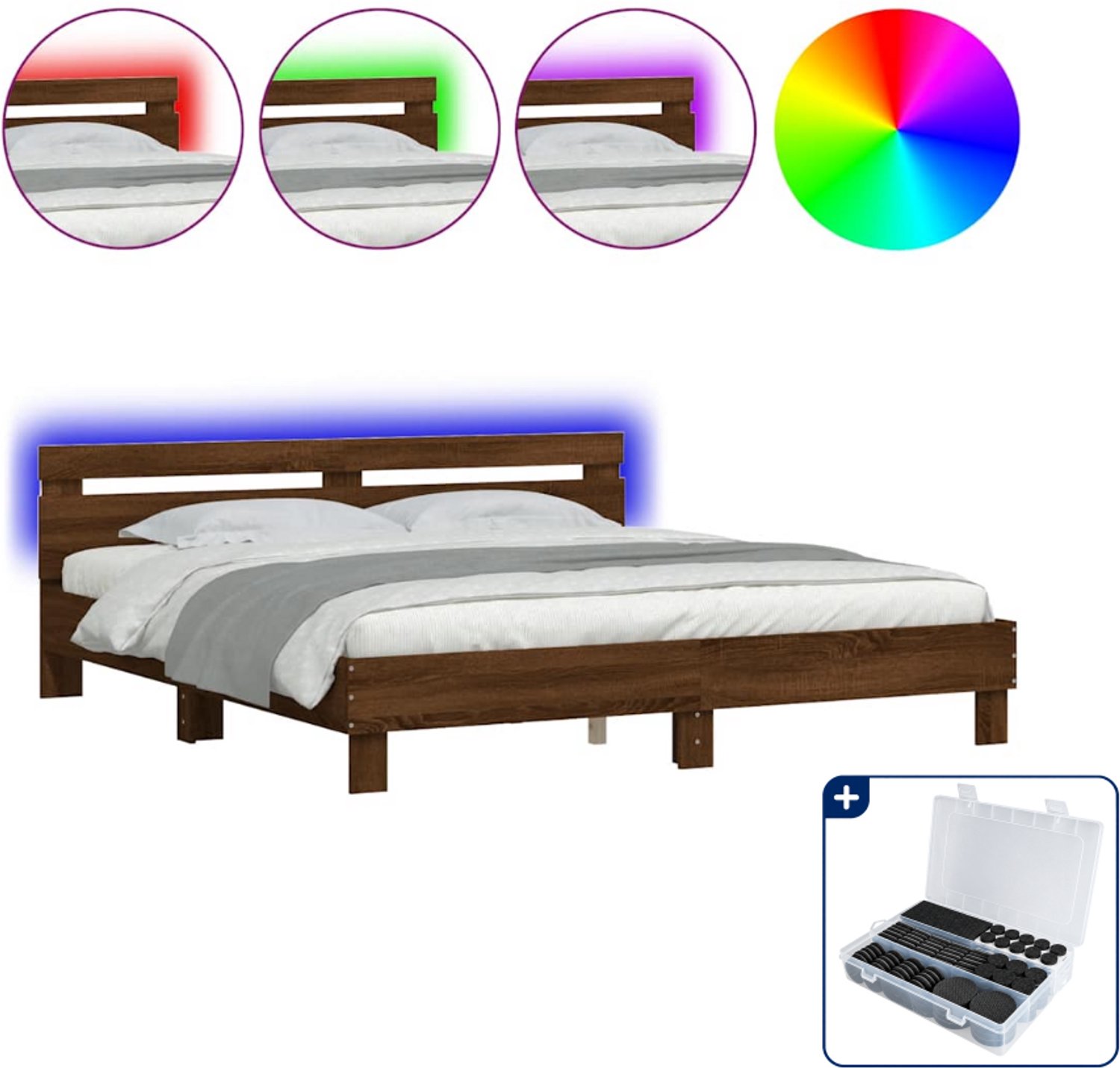 vidaXL Bedframe met led - 200 x 200 cm - bruineiken - Inclusief antikrasvilt 177-delig