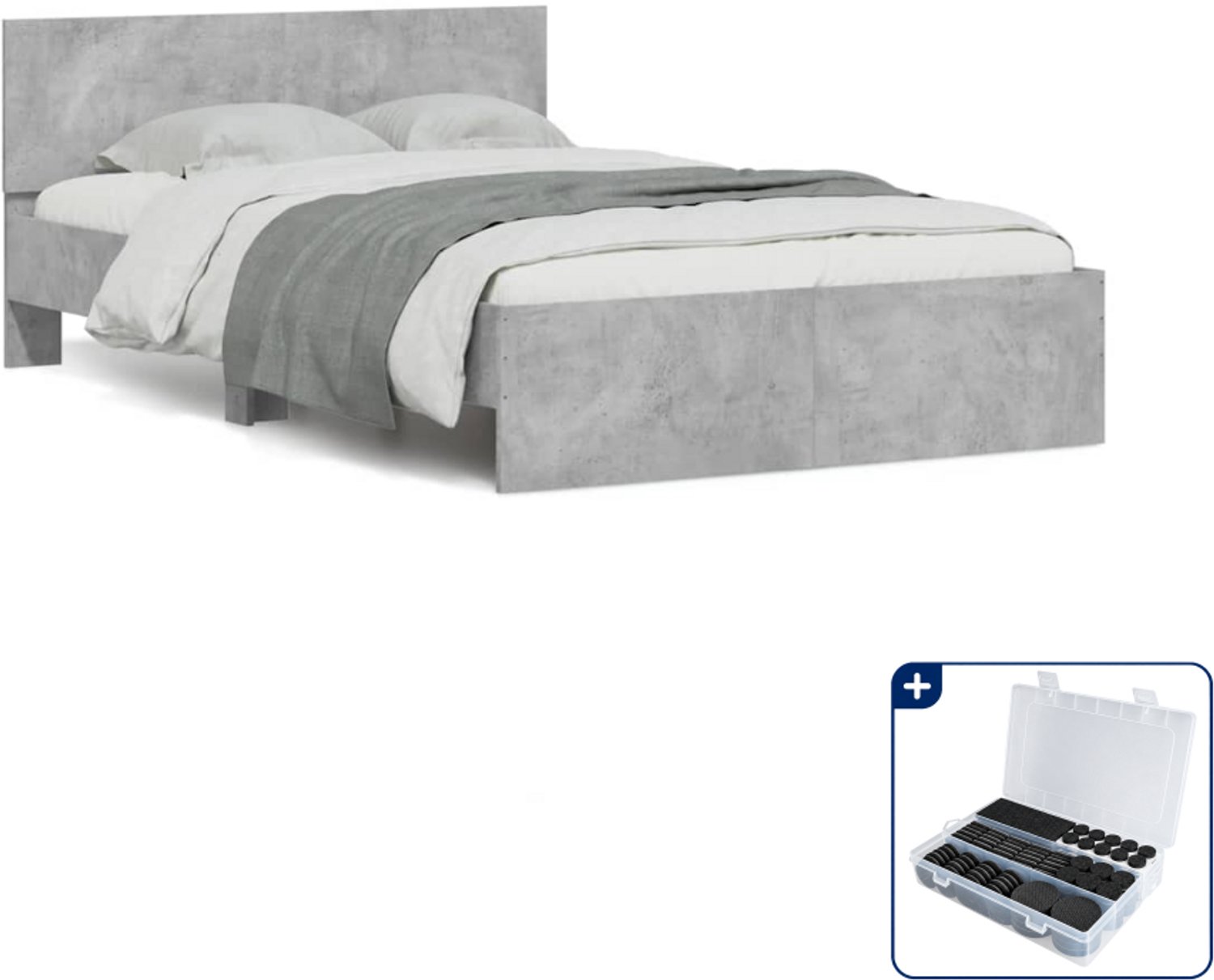 vidaXL bedframe met hoofdeinde - 135 x 190 cm - betongrijs - Inclusief antikrasvilt 177-delig Zwart