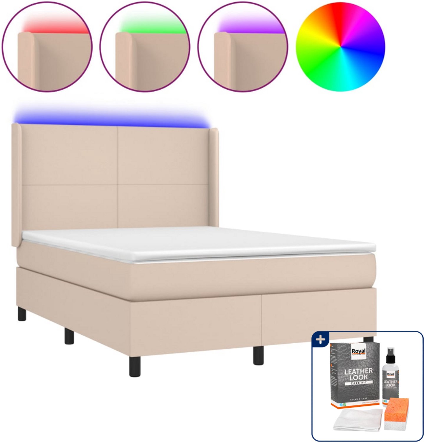 vidaXL boxspring met matras en LED - 140 x 190 cm - cappuccino - Inclusief onderhoudsset voor kunstleer 150 ml Bruin