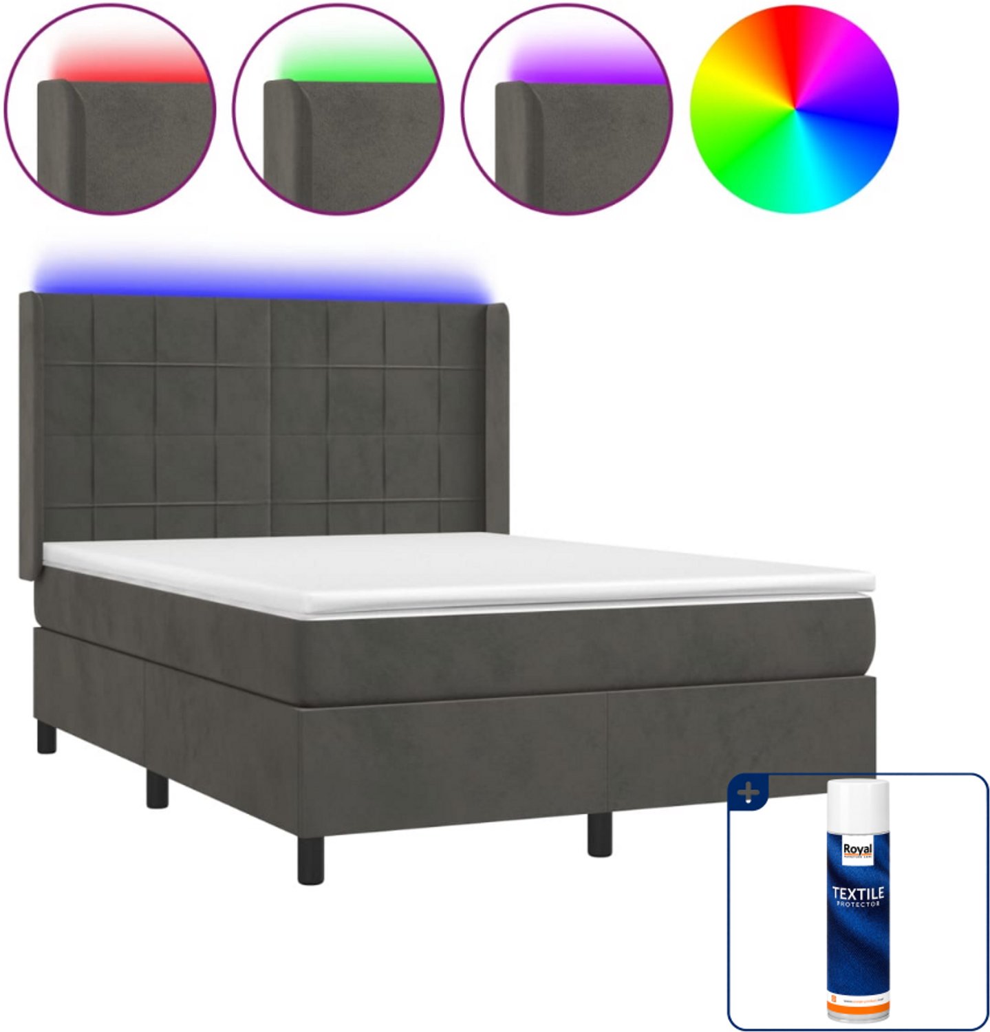vidaXL boxspring met matras en led - 140 x 190 cm - fluweel - donkergrijs - Inclusief textielbeschermer 500 ml
