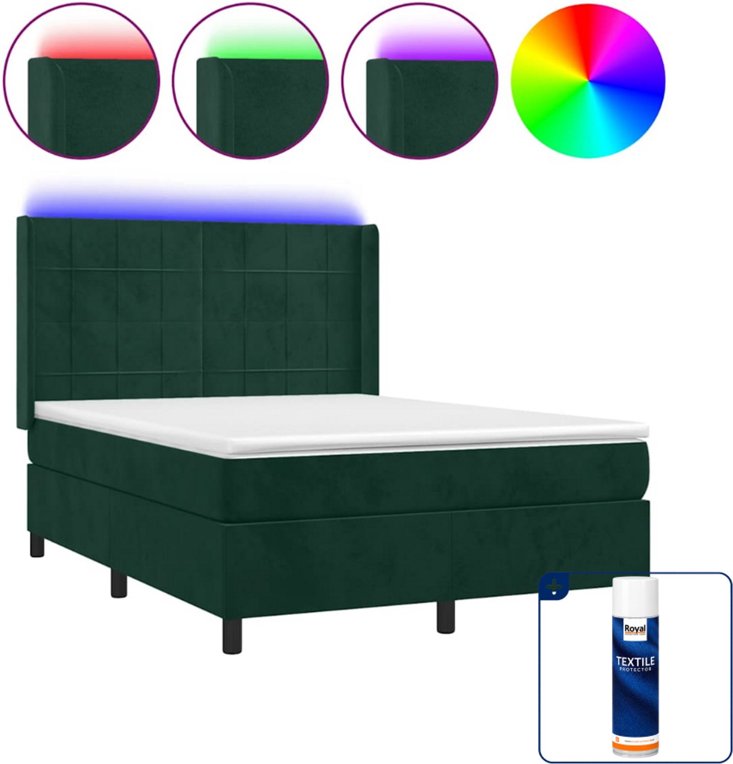 vidaXL boxspring met matras en led - 140 x 190 cm - fluweel - donkergroen - Inclusief textielbeschermer 500 ml
