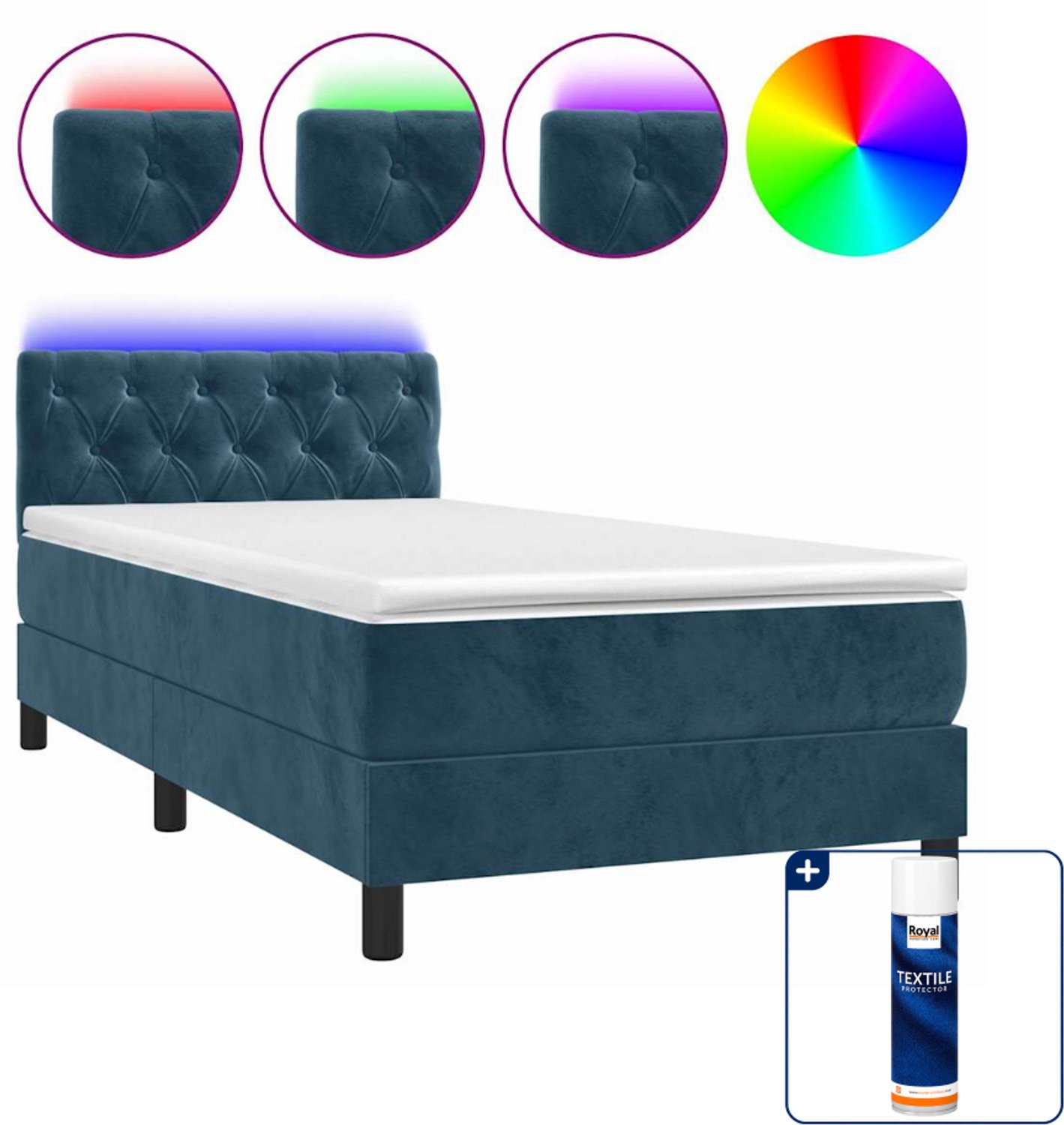 vidaXL boxspring met matras en led - 80 x 200 cm - fluweel - donkerblauw - Inclusief textielbeschermer 500 ml